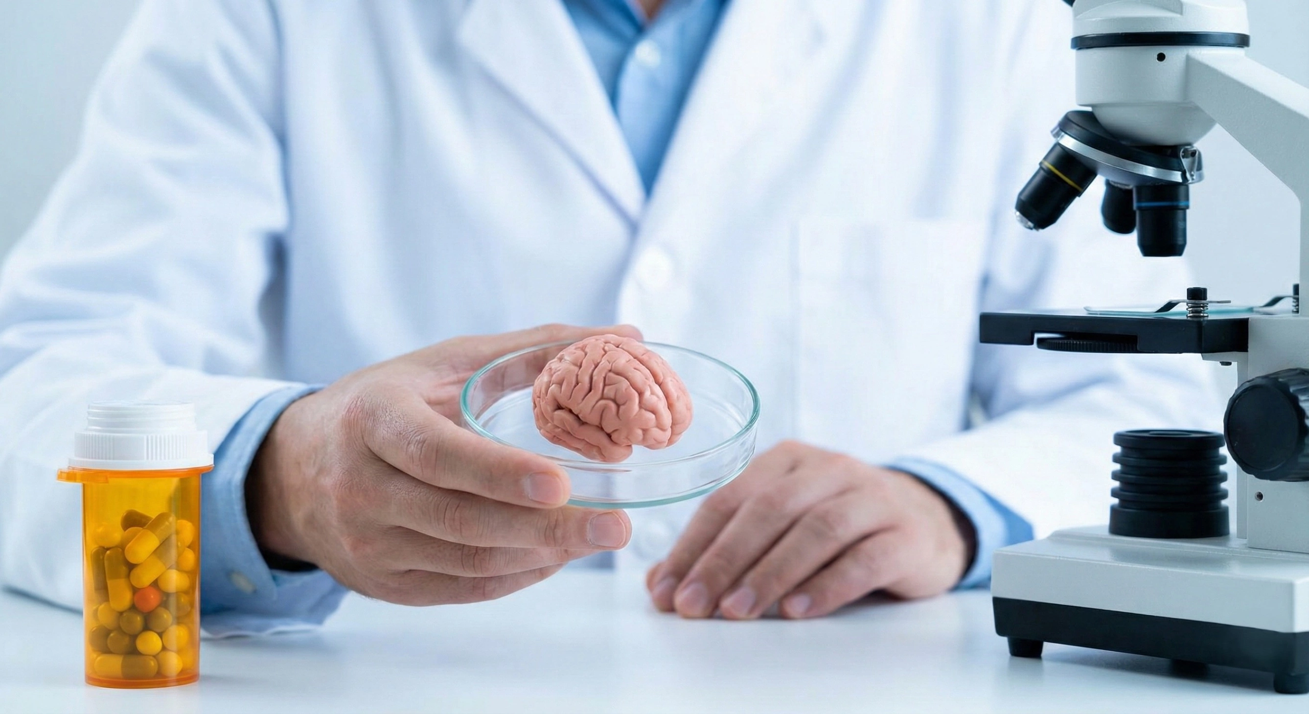 Scientist in a lab coat holding a small brain model in a petri dish next to a bottle of antidepressant pills and a microscope.