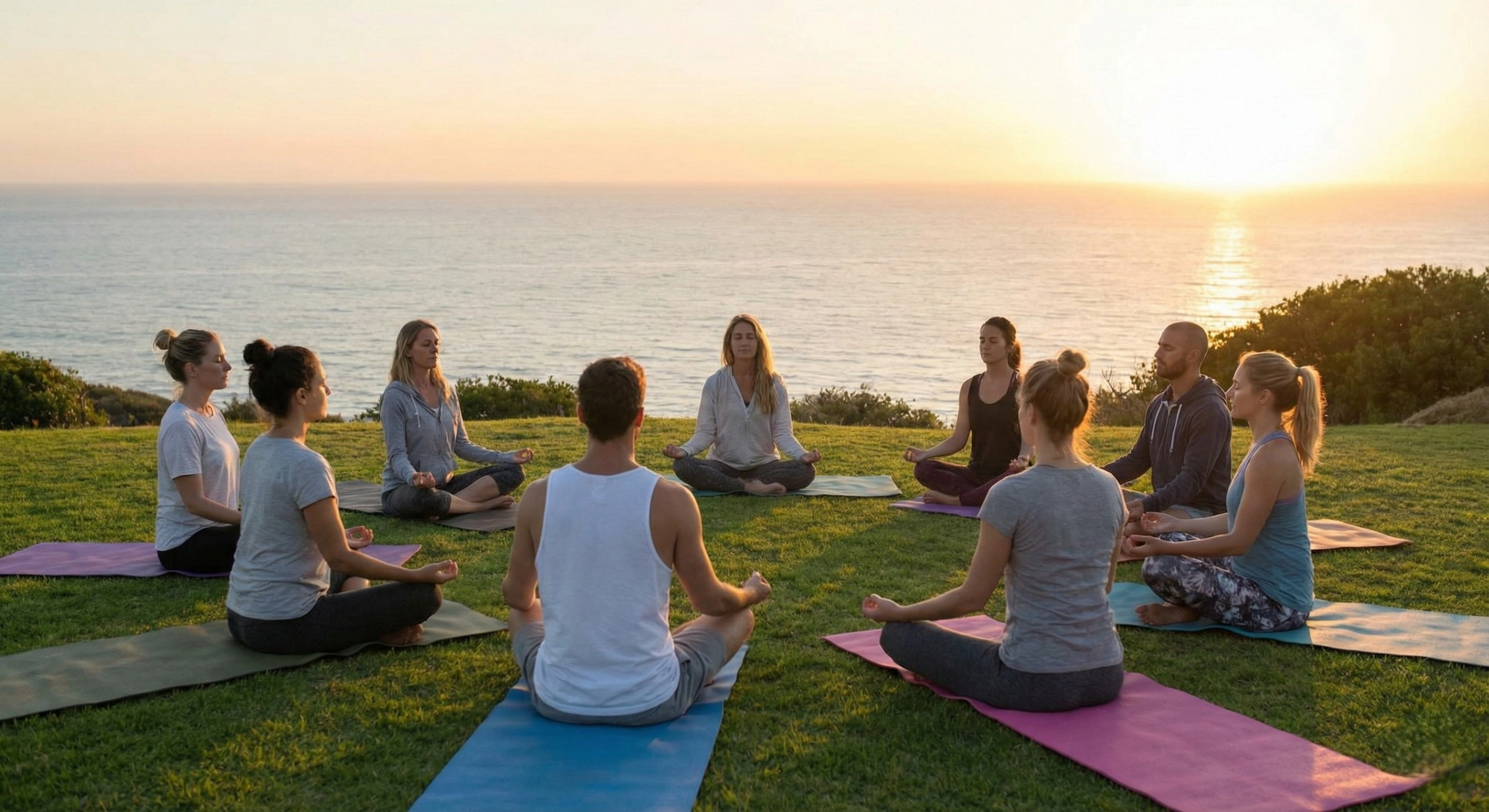 Group of people sitting in a circle and practicing mindfulness meditation on a grassy hill overlooking the ocean at sunset.