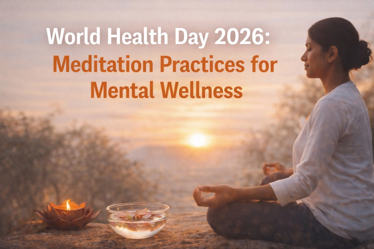 World Health Day 2026 meditation thumbnail showing woman meditating outdoors at sunset with diya and water bowl, representing mental wellness, stress relief, and mindfulness practices.