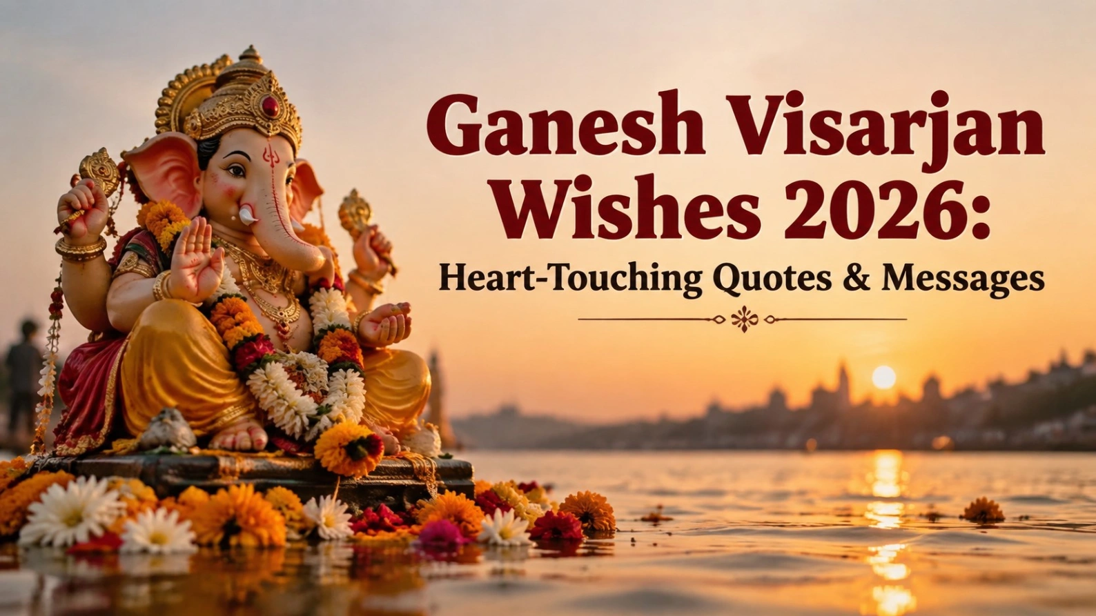 Ganesh Visarjan Wishes 2026 poster featuring a beautifully decorated Lord Ganesha idol beside water during sunset with bold text “Ganesh Visarjan Wishes 2026: Heart-Touching Quotes & Messages” for devotional festival greetings.