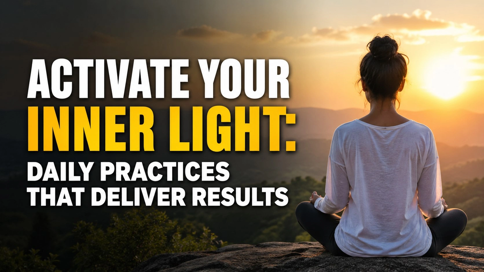 Woman meditating on a mountain during sunset with glowing sunlight, symbolizing peace and spiritual awakening, with bold text “Activate Your Inner Light: Daily Practices That Deliver Results” in a calm, minimal 16:9 layout.