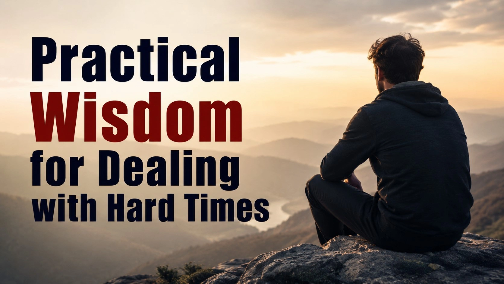 A realistic 16:9 motivational thumbnail showing a person sitting alone on a mountain cliff during sunrise, symbolizing reflection and resilience. Bold title text reads “Practical Wisdom for Dealing with Hard Times” against a calm scenic background.