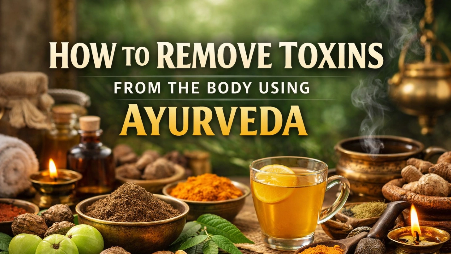 Realistic Ayurvedic detox concept showing herbs like turmeric, ginger, triphala, and herbal tea with bold title “How to Remove Toxins from the Body Using Ayurveda” in a 16:9 layout.