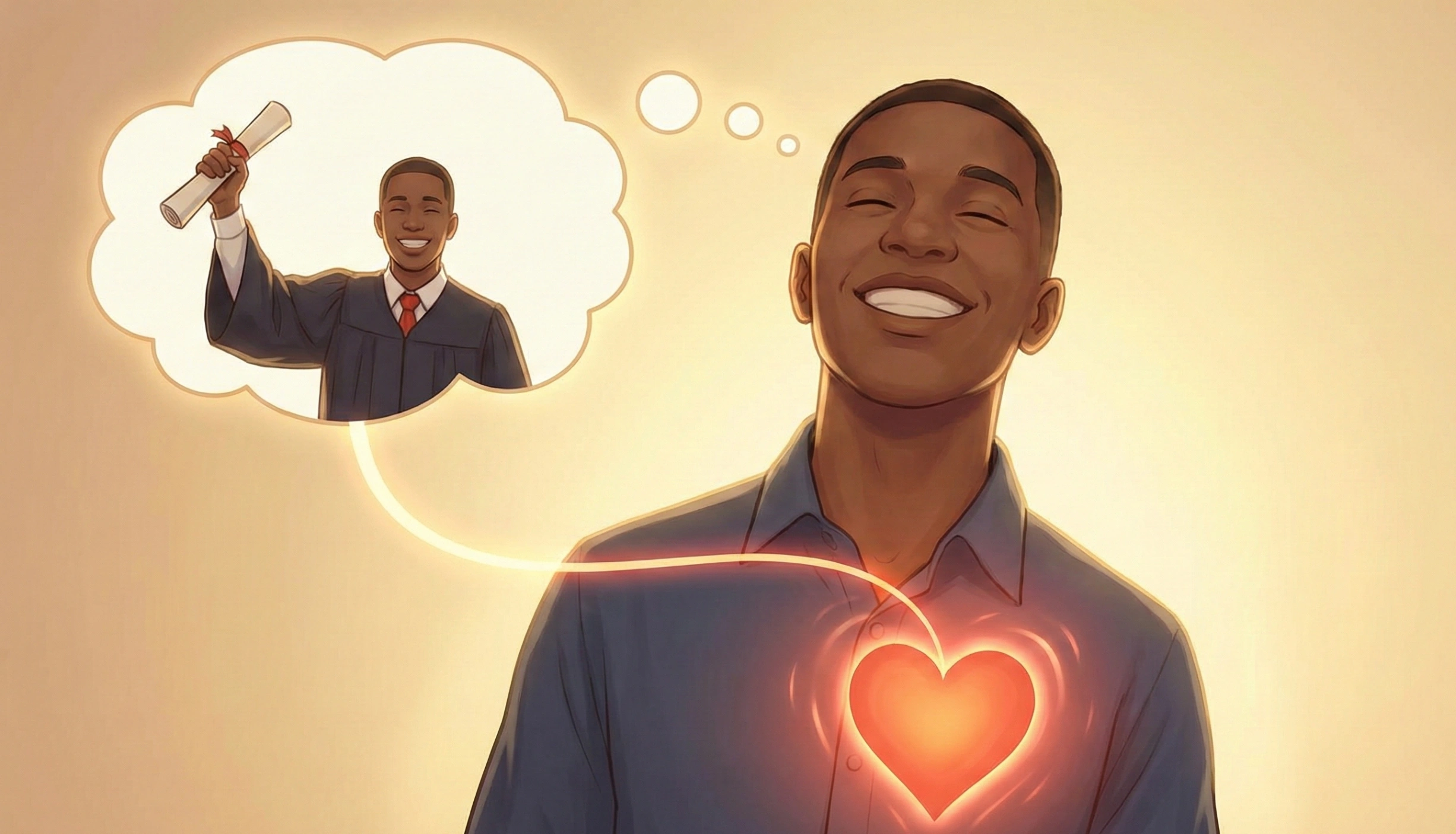 An illustration of a smiling man visualizing his graduation, with a glowing line connecting his thought bubble to a pulsing heart on his chest, representing feeling the emotion of a desire.