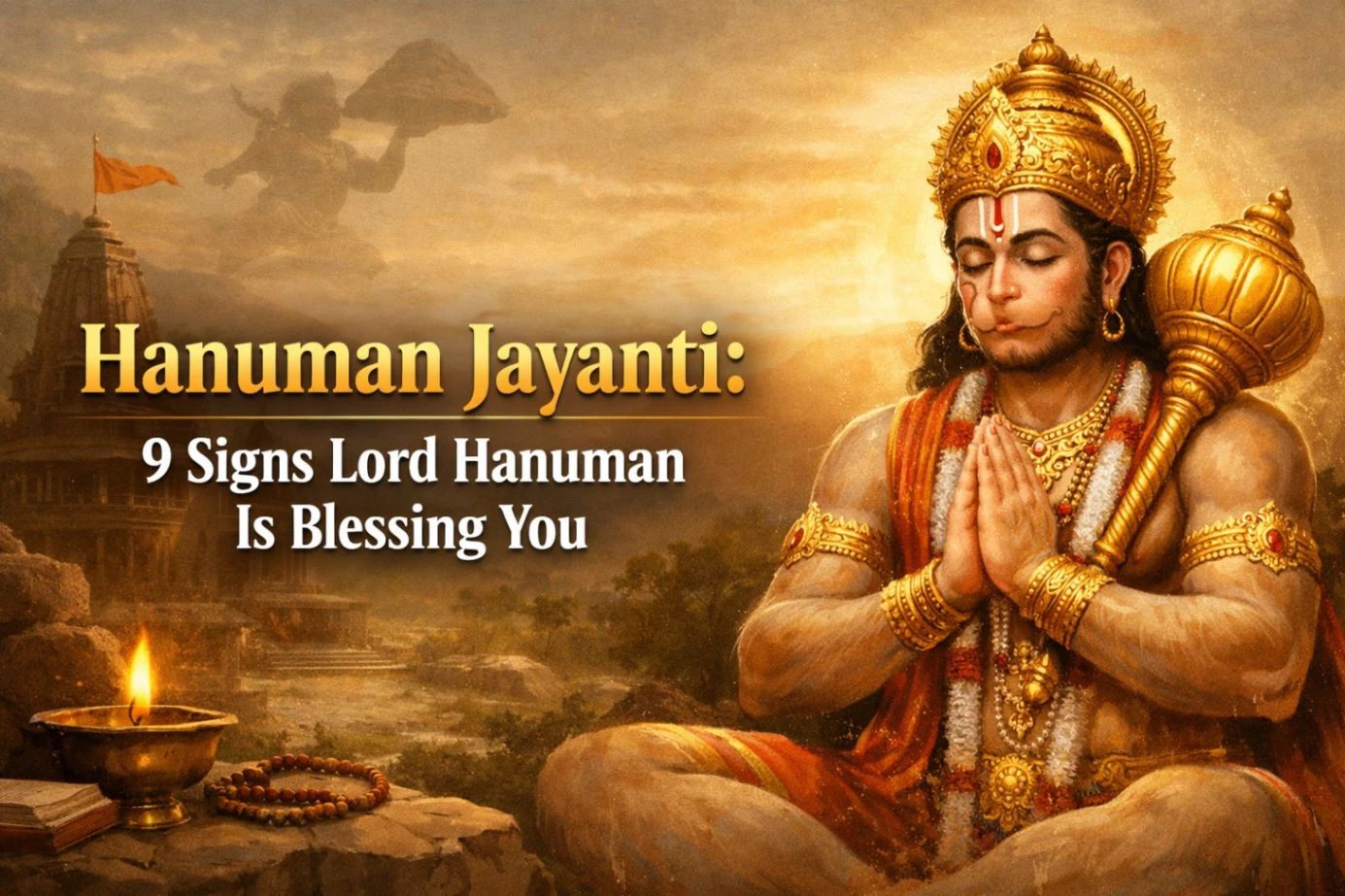 Bold 16:9 Hanuman Jayanti banner featuring a serene depiction of Lord Hanuman in a prayer pose with golden ornaments and mace, set against a warm sunrise temple background, with the title “Hanuman Jayanti: 9 Signs Lord Hanuman Is Blessing You” prominently displayed in large, bold text.