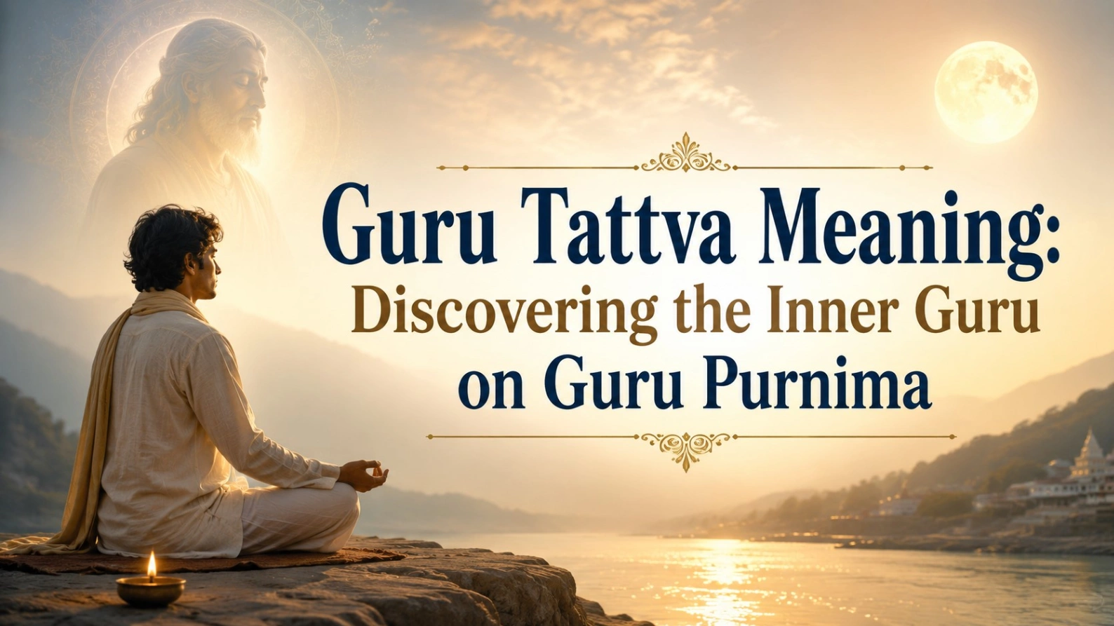 Guru Tattva Meaning blog image showing a meditating seeker by a river under a glowing full moon, symbolizing the inner guru, divine guidance, and spiritual awakening on Guru Purnima.