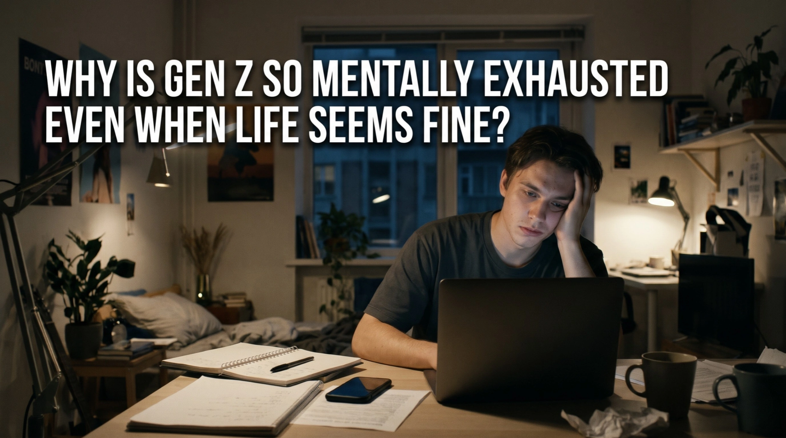Young adults experiencing mental exhaustion and stress from social media, career pressure, and the demands of modern life.