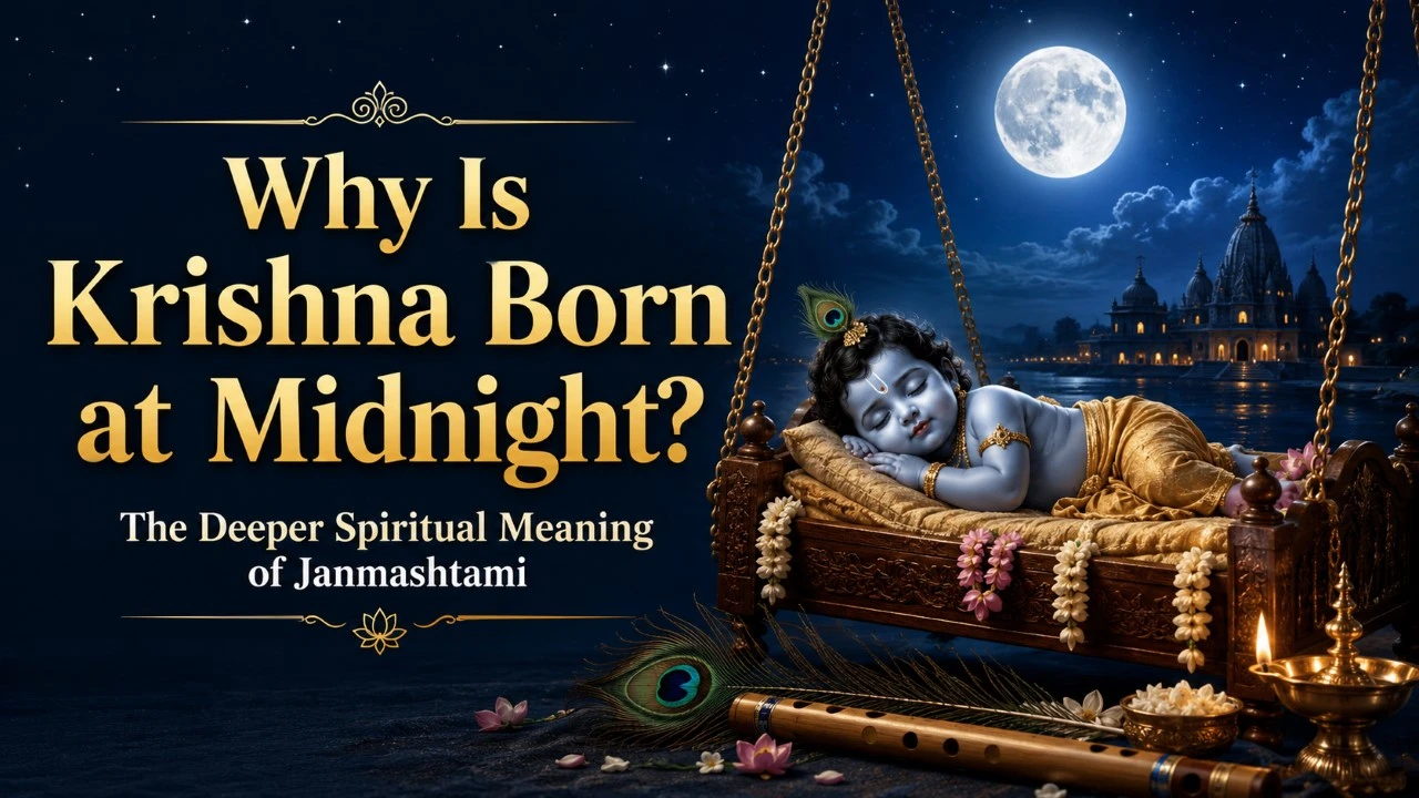 Baby Krishna sleeping peacefully in a decorated cradle under a moonlit night sky, with a temple, flute, peacock feather and diya, alongside the title “Why Is Krishna Born at Midnight? The Deeper Spiritual Meaning of Janmashtami.”
