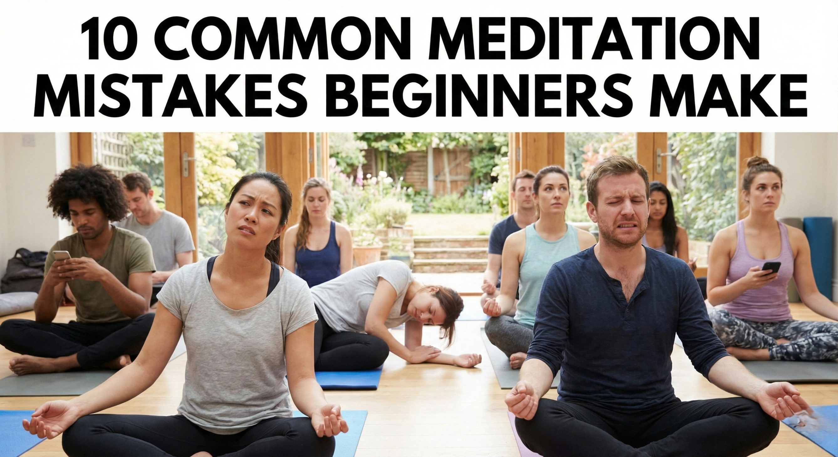 Group of beginners struggling to focus during a meditation class with the title text 10 Common Meditation Mistakes Beginners Make.
