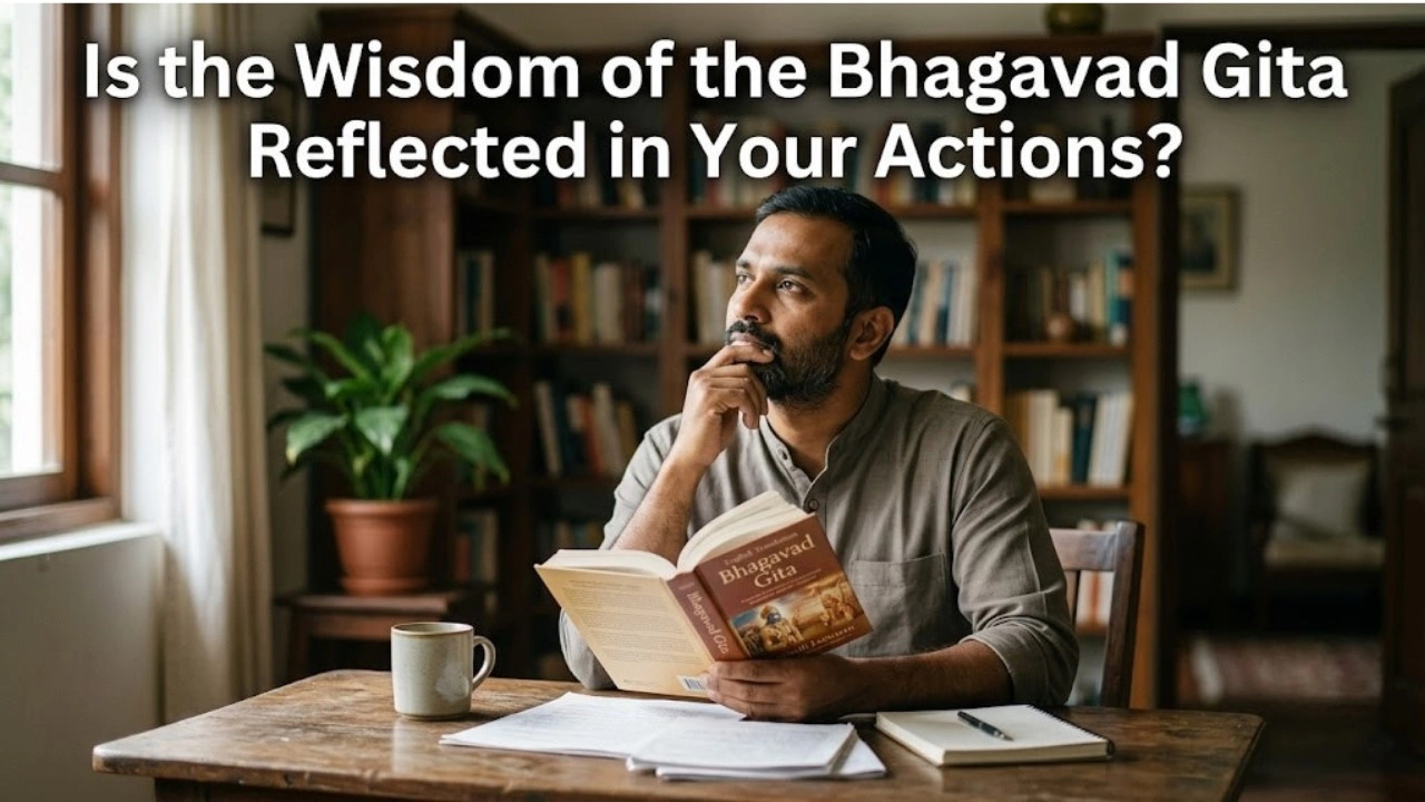 A photograph of a pensive man with a beard, sitting at a wooden desk in a room with blurred bookshelves. He holds an open copy of the Bhagavad Gita (with page number 267 visible) and rests his right hand on his chin, looking off-camera with a thoughtful expression. A coffee mug and papers are on the desk. White text at the top poses the question: