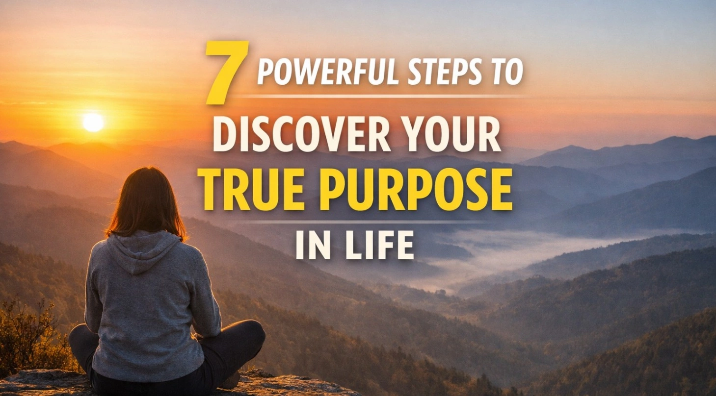 Realistic 16:9 thumbnail showing a woman standing on a cliff at sunrise overlooking mountains and a lake, with a notebook, coffee cup, and plant on a wooden table, featuring the bold title “How to Become Your Best Version: 9 Powerful Steps That Actually Work.”