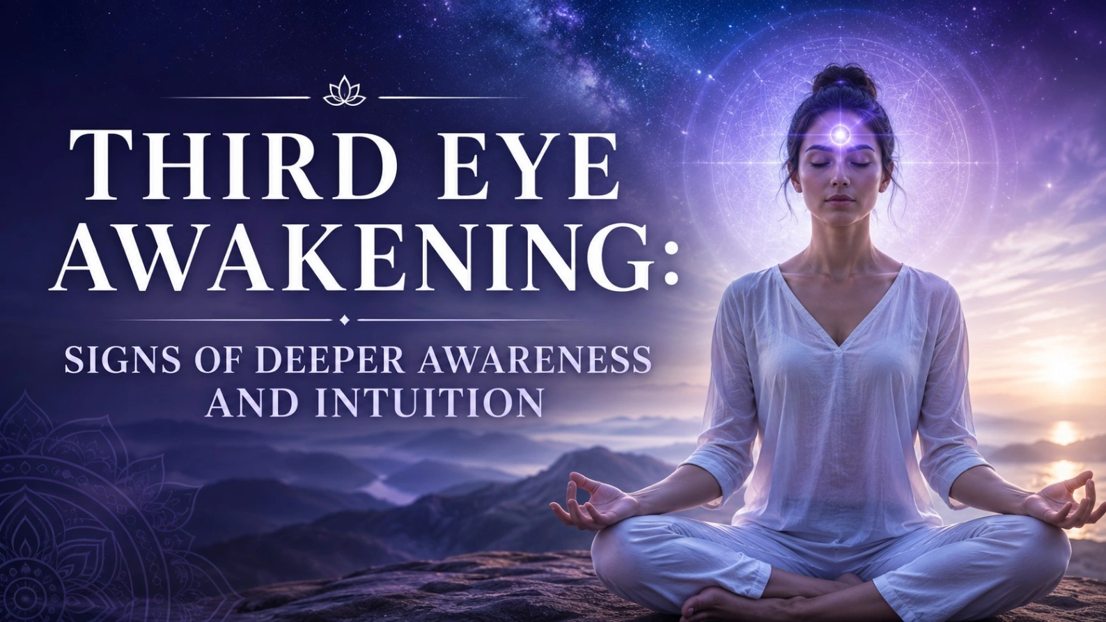Realistic spiritual blog banner showing a calm woman meditating with a glowing third eye, cosmic mountain background, and bold title text “Third Eye Awakening: Signs of Deeper Awareness and Intuition.”