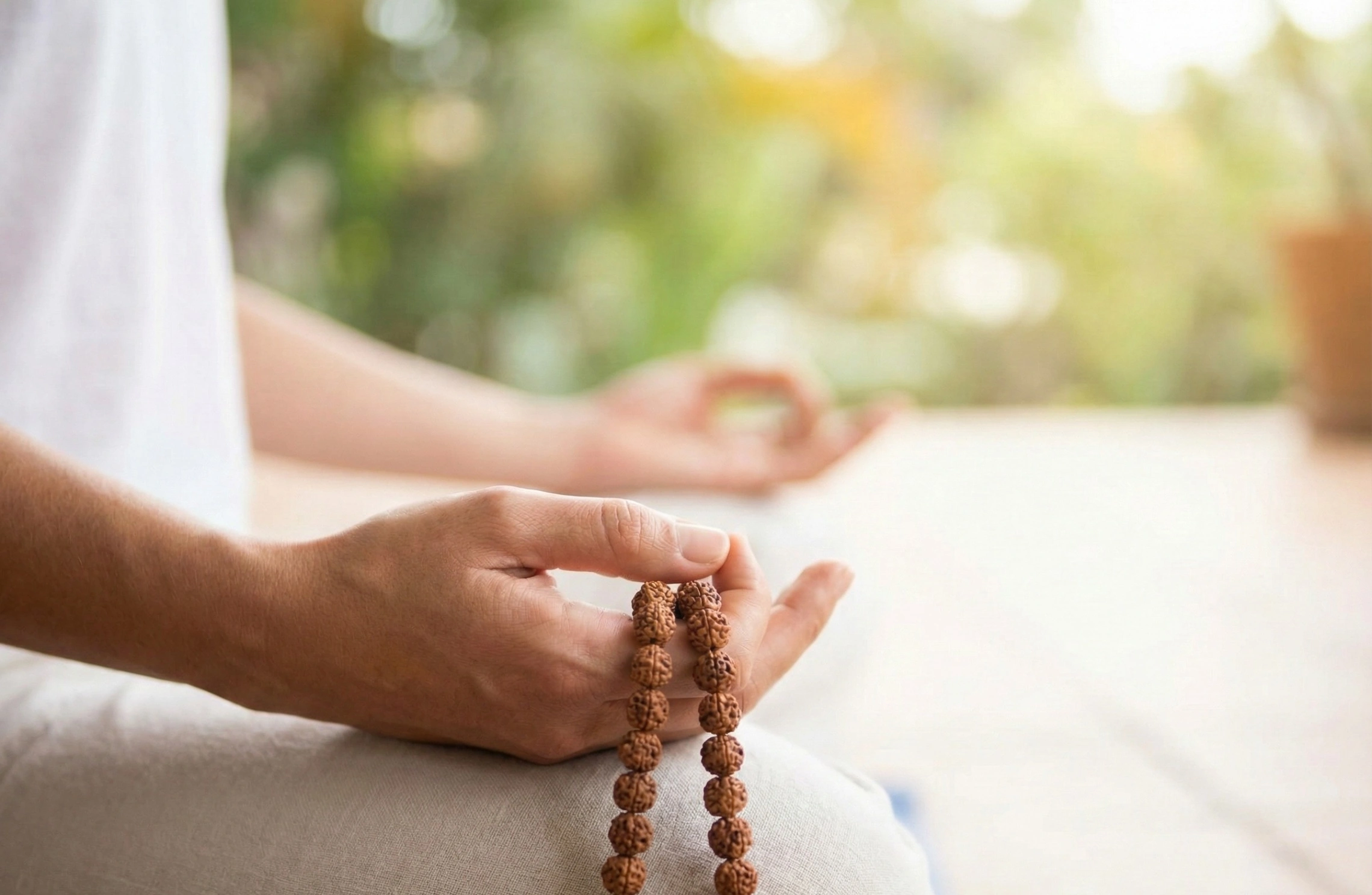 A close-up photograph of a person in a meditative pose outdoors, holding a string of Rudraksha beads, symbolizing the practice of inner stillness and witness consciousness.