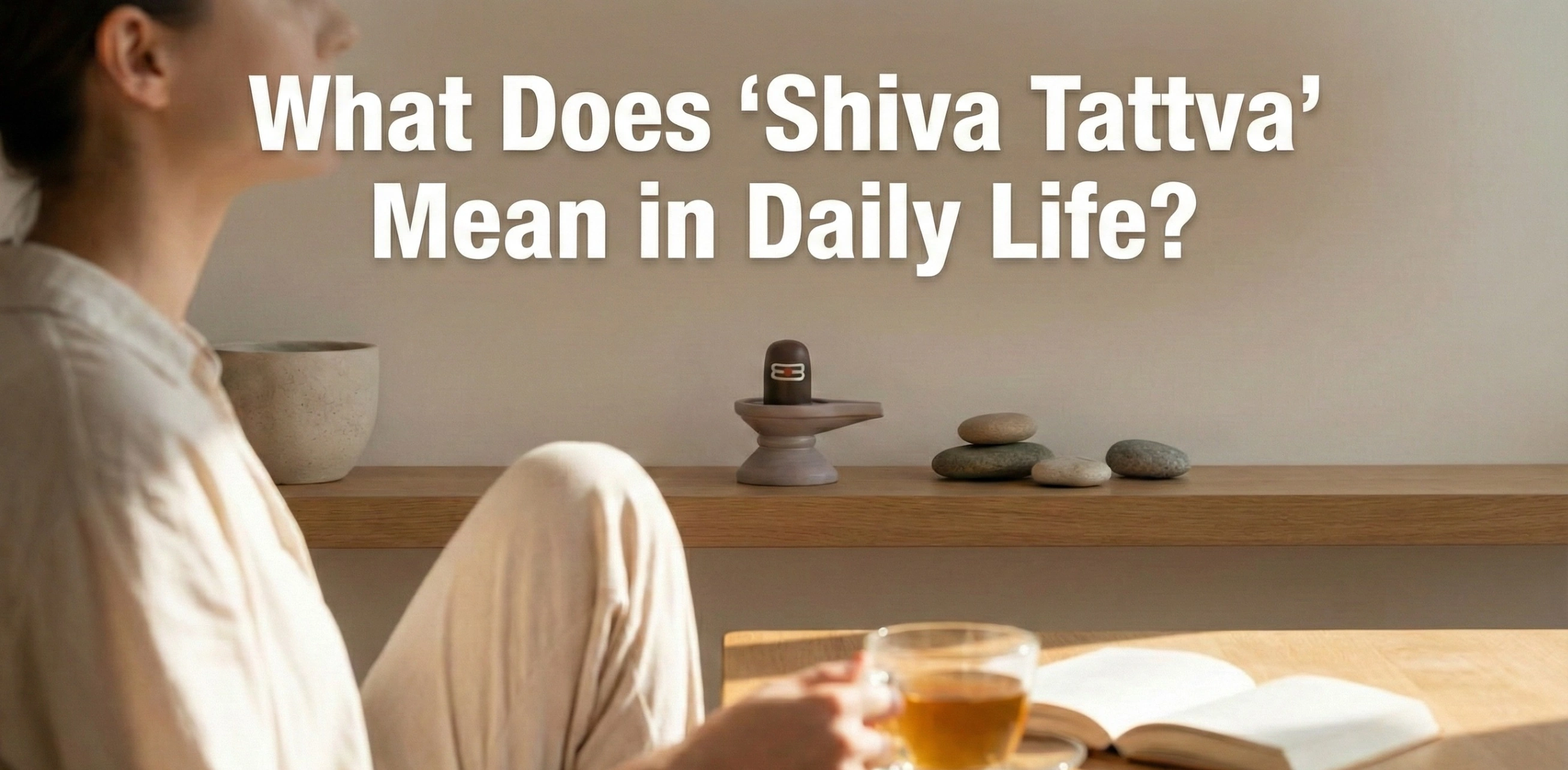 A realistic blog header image depicting a woman sitting peacefully in a sunlit, minimalist room, holding a cup of tea next to an open book. On a wooden shelf in the background, a small Shiva Lingam sits beside smooth stones, symbolizing spirituality in everyday life. The text