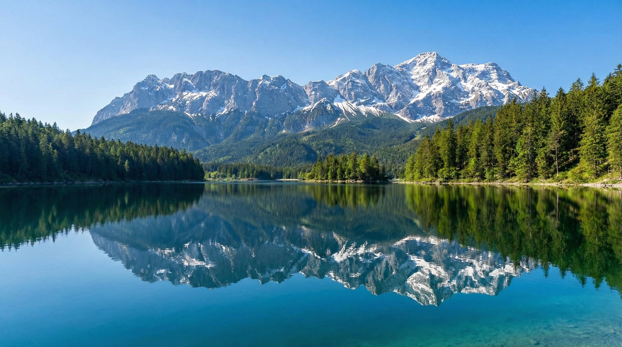 A serene, panoramic landscape photograph of a calm alpine lake with a snow-capped mountain range and pine forests reflected on its surface under a clear blue sky.