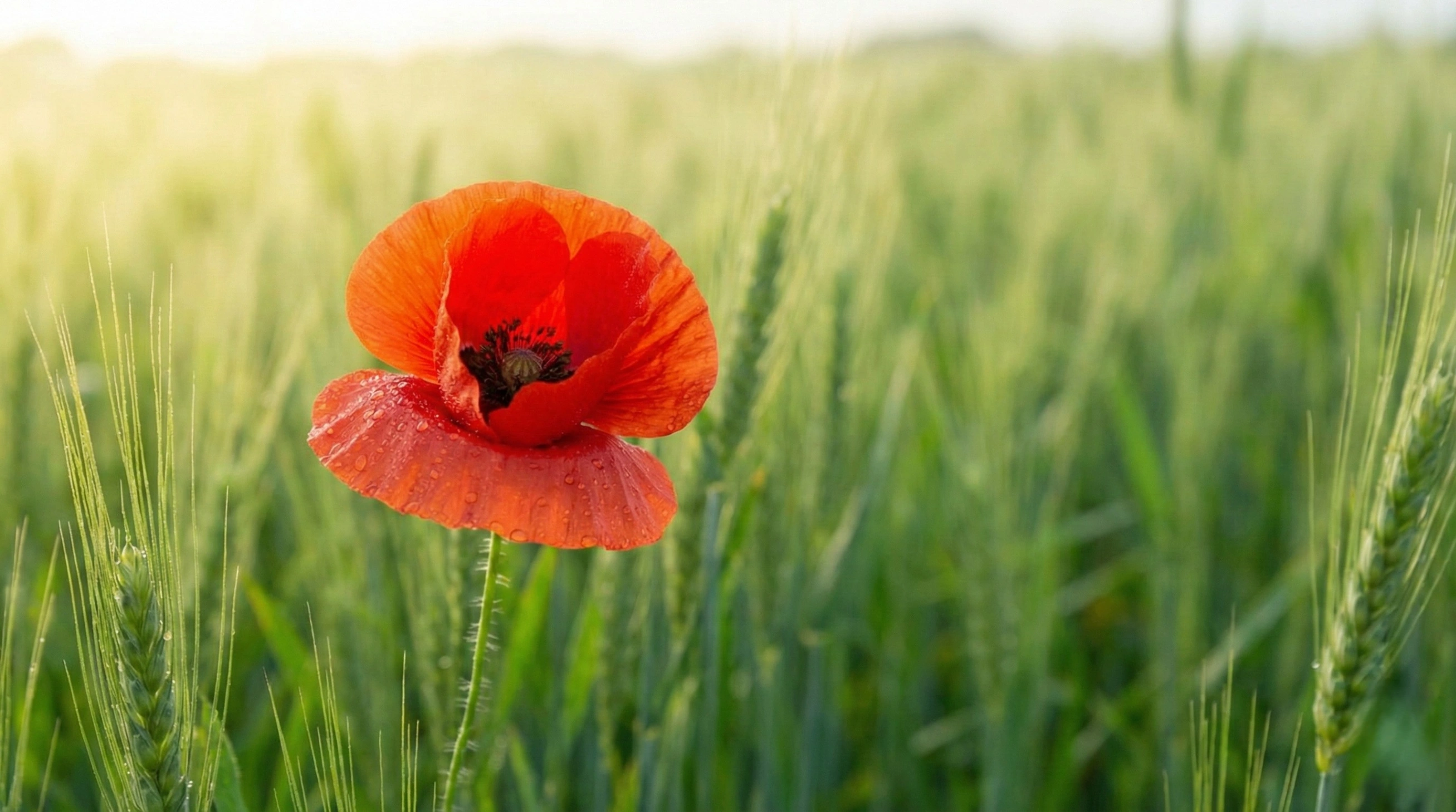 A close-up photograph of a single, bright red poppy flower with morning dew drops on its petals, standing amongst green wheat stalks in a sunlit field.