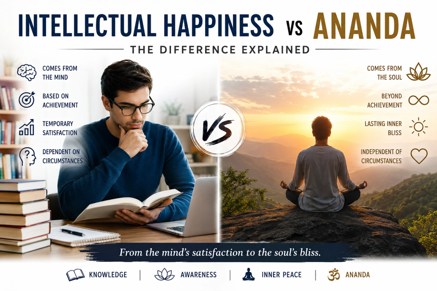 Split image showing intellectual happiness through study and achievement on one side, and Ananda through meditation, inner peace, and spiritual bliss on the other.