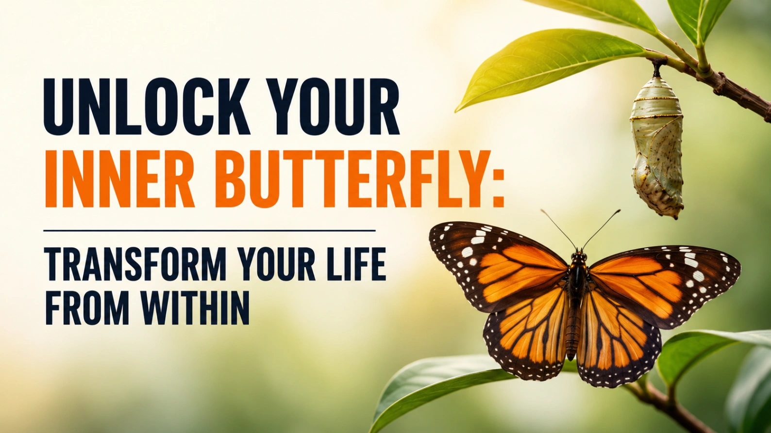 A realistic inspirational banner featuring a vibrant monarch butterfly beside a hanging chrysalis on leafy branches, symbolizing transformation and growth. On the left side, bold large text reads “UNLOCK YOUR INNER BUTTERFLY:” in dark navy and bright orange, followed by “TRANSFORM YOUR LIFE FROM WITHIN” in bold navy text. The background is softly blurred with warm natural tones, creating a calm and uplifting atmosphere in a clean 16:9 layout.