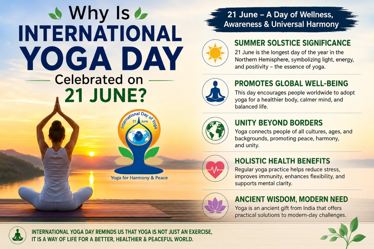 Woman practicing yoga at sunrise with bold text explaining why International Yoga Day is celebrated on 21 June for health, peace and inner balance.