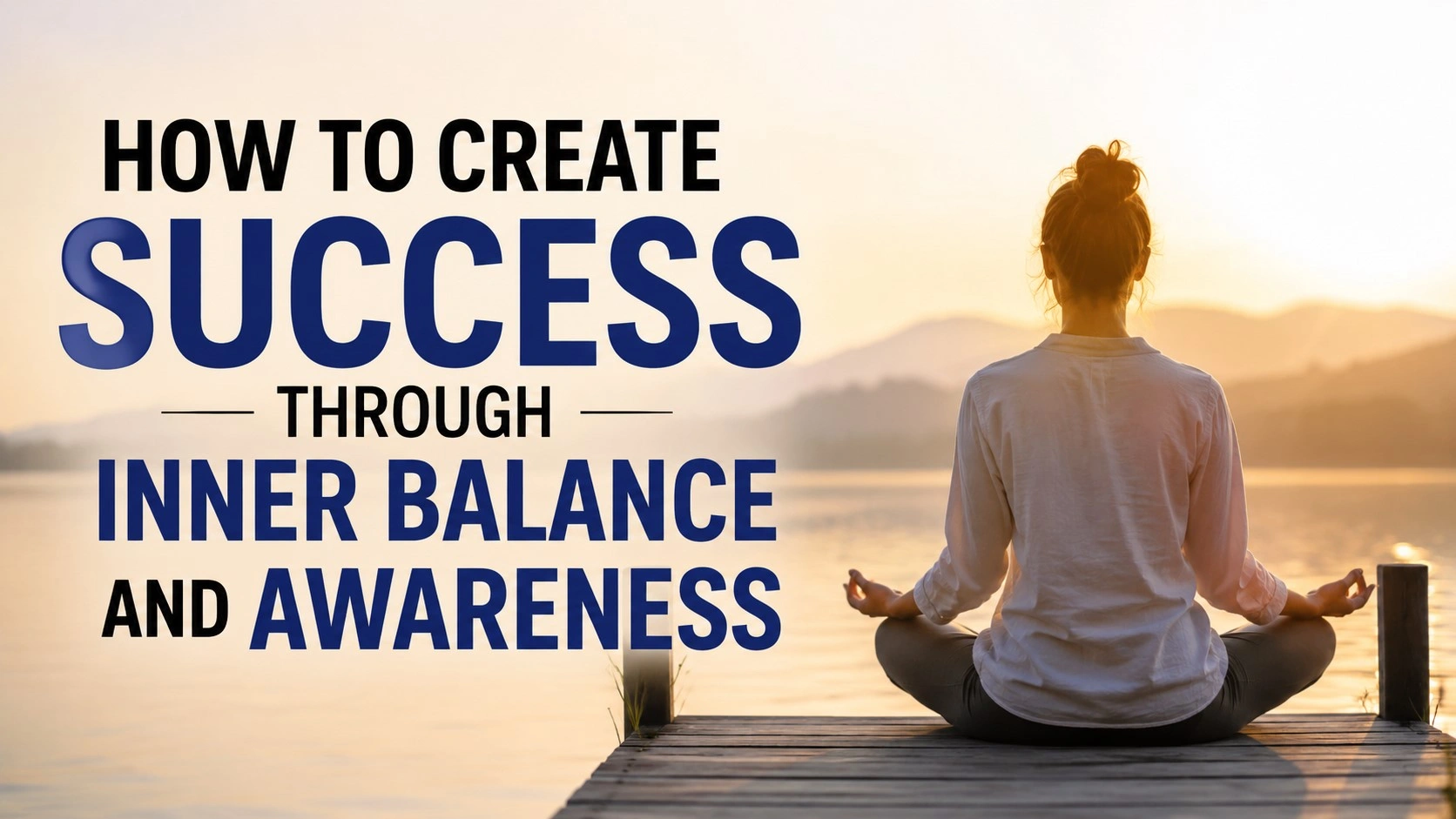 A person meditating by a calm lakeside at sunrise with bold text reading “How to Create Success Through Inner Balance and Awareness,” symbolizing peace, clarity, mindfulness, and spiritual success.