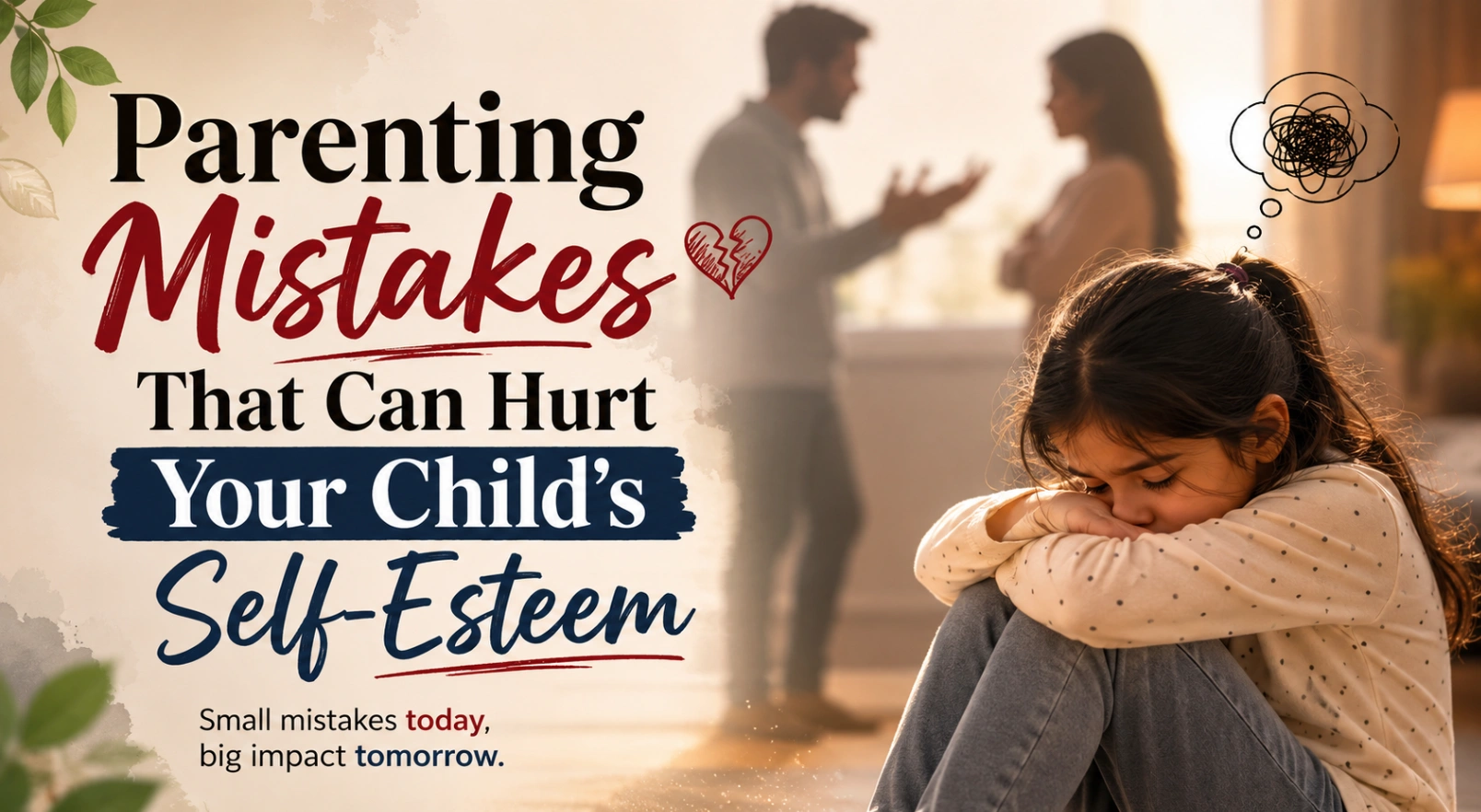 A sad child sitting alone while blurred parent shadows argue in the background, highlighting how parenting mistakes can hurt a child’s self-esteem and emotional well-being.