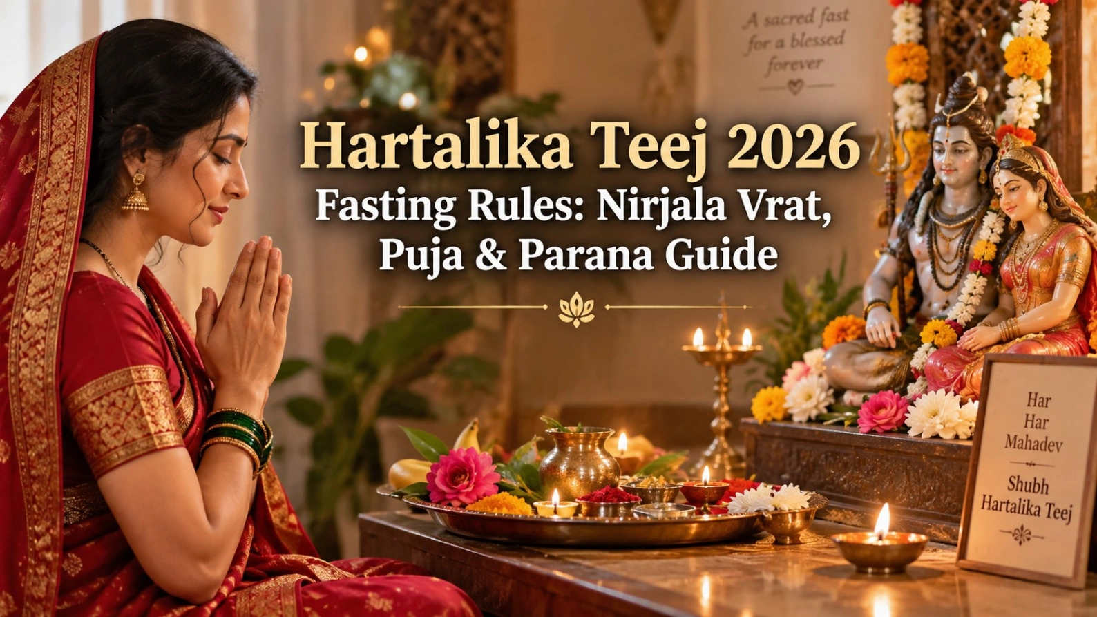 Hartalika Teej 2026 fasting rules with a woman performing puja before Lord Shiva and Goddess Parvati, featuring diyas, flowers and a traditional puja thali.