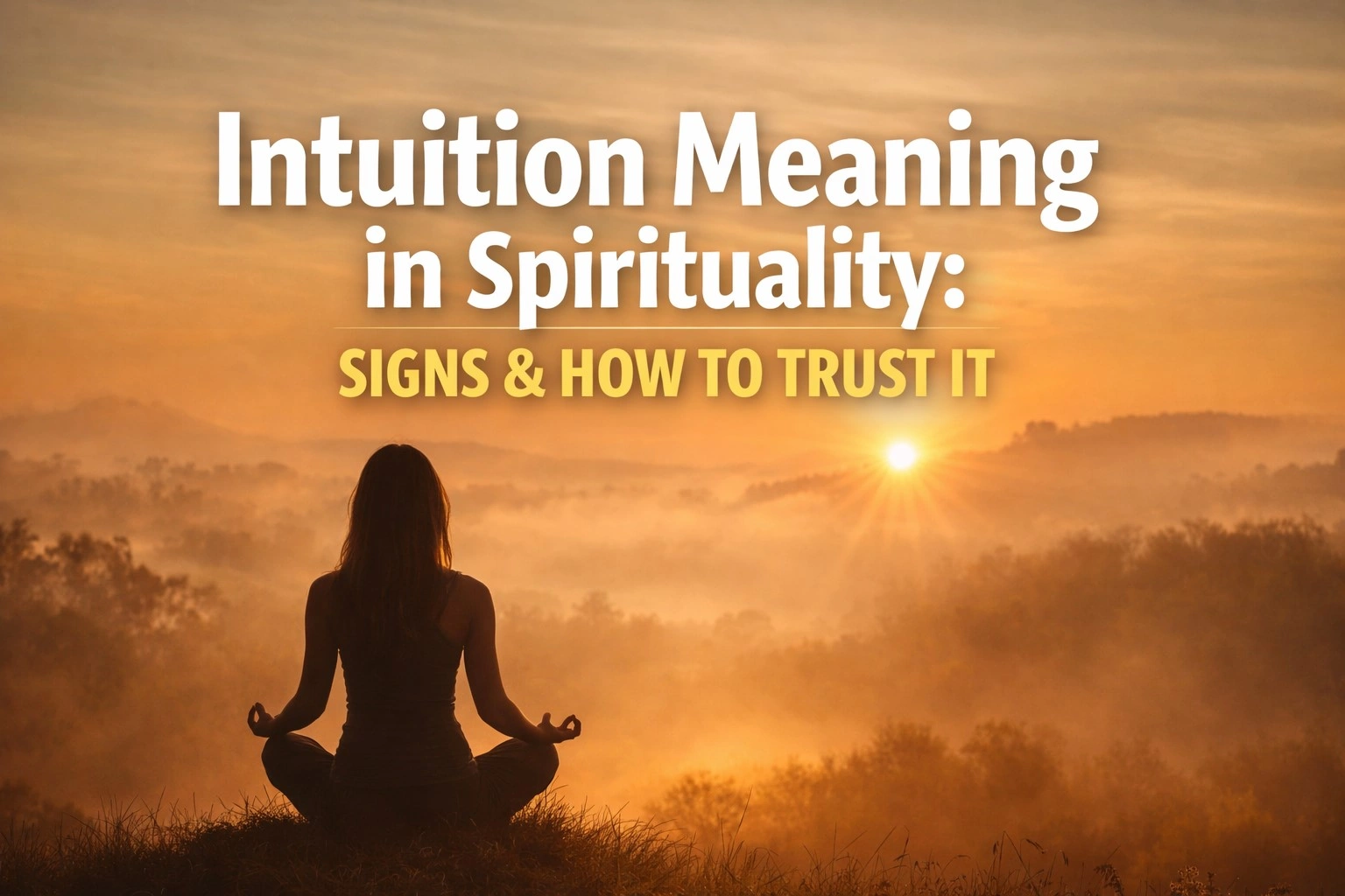 A serene spiritual scene with a person meditating in a peaceful natural landscape at sunrise, symbolizing inner awareness and intuition, with bold text “Intuition Meaning in Spirituality: Signs & How to Trust It” prominently displayed in the center, reflecting clarity, calmness, and self-trust.