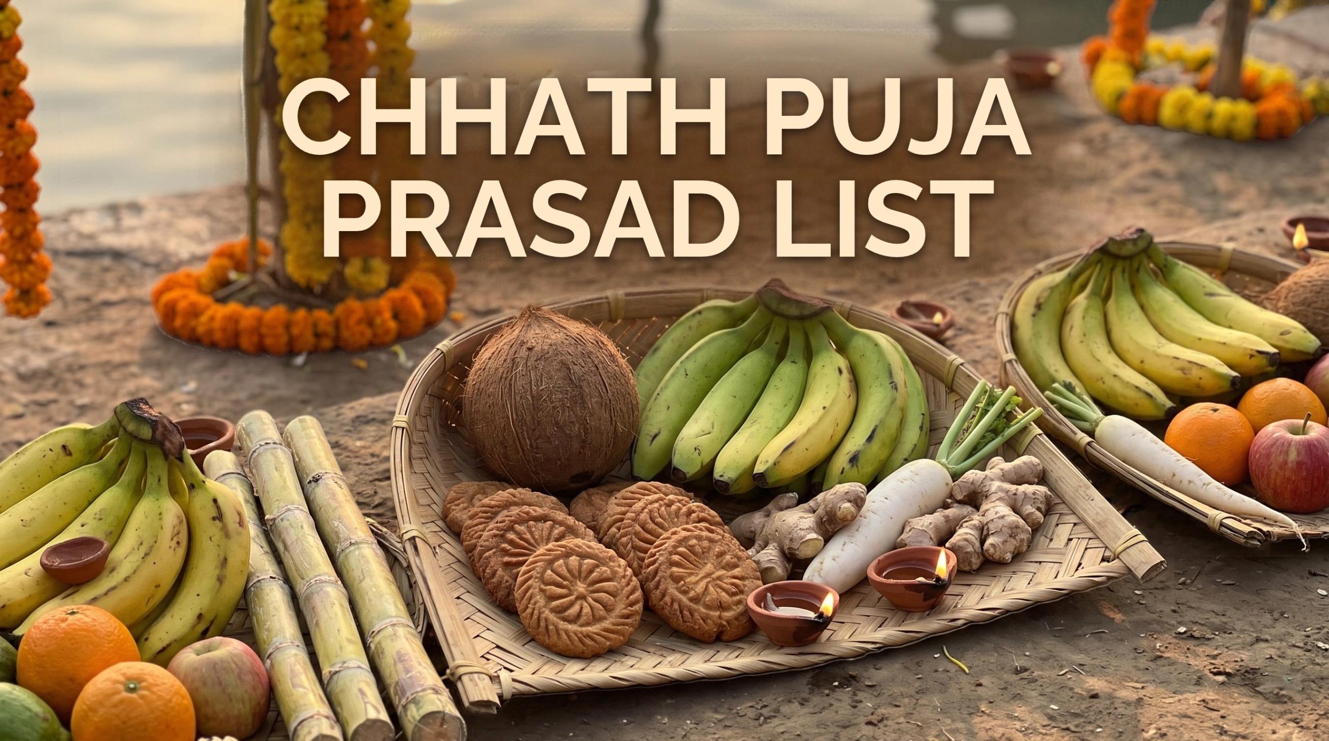 Chhath Puja prasad featuring traditional thekua, bananas, sugarcane, coconut, seasonal fruits, and sacred offerings arranged in a soop for Surya Dev and Chhathi Maiya.