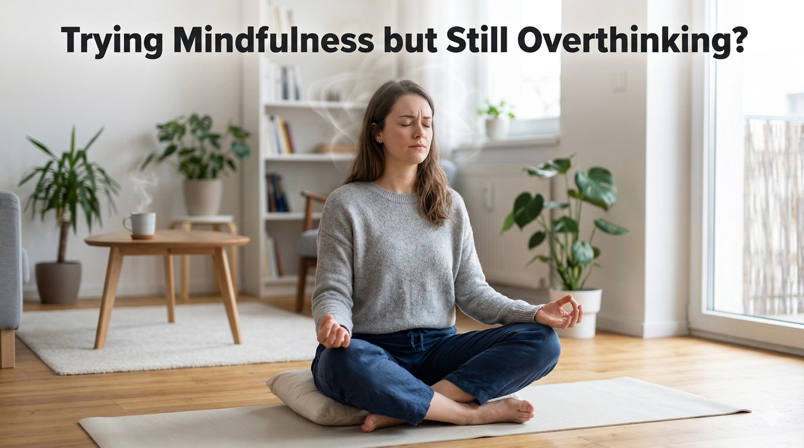 A woman sitting cross-legged indoors in a calm meditation pose, surrounded by overlapping chaotic text and digital noise, symbolizing overthinking and mental clutter during mindfulness practice.