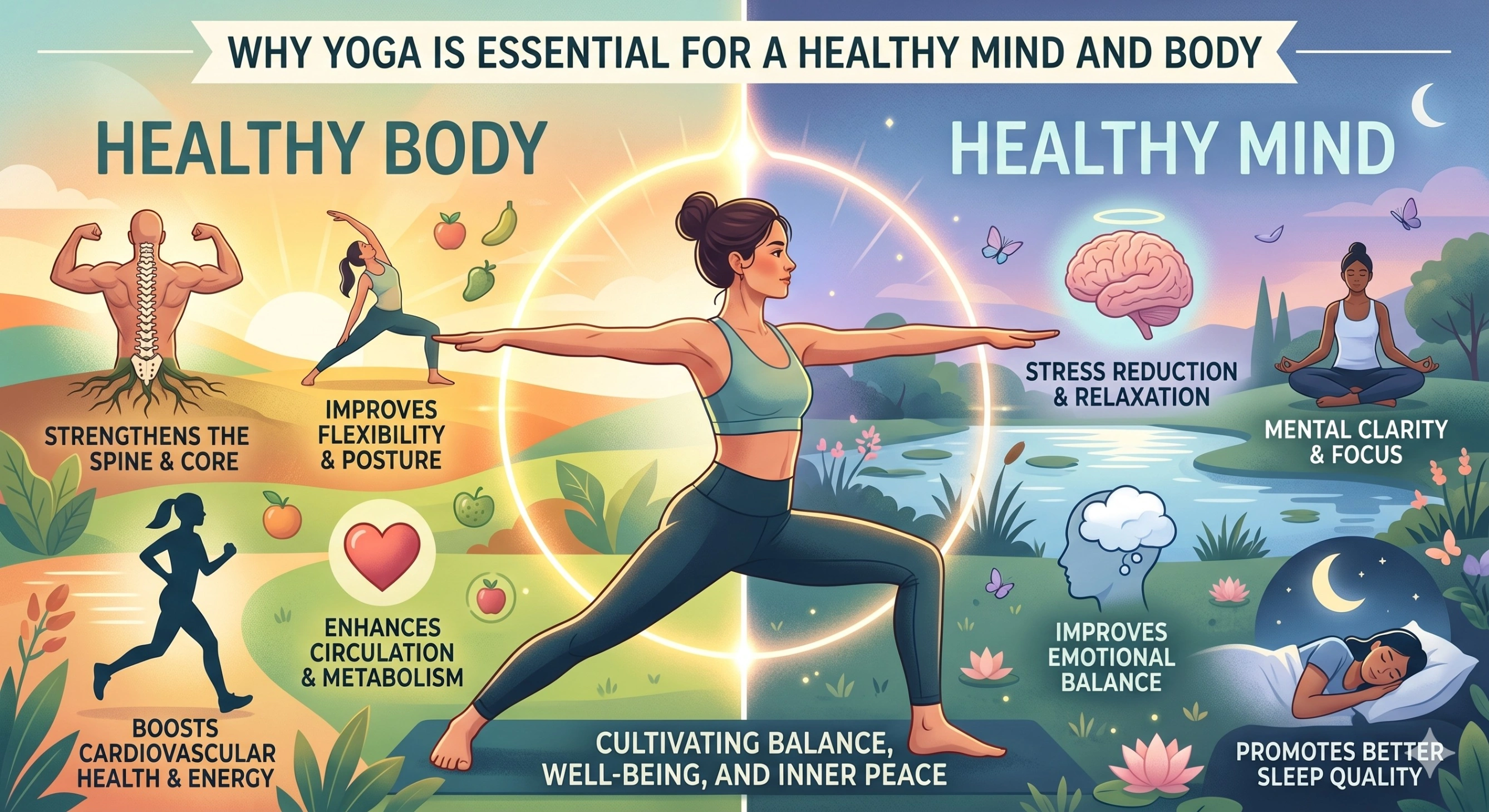Illustration showing why yoga is essential for a healthy mind and body. A woman performs a yoga pose in the center, surrounded by benefits including improved flexibility, posture, spine and core strength, cardiovascular health, circulation, stress reduction, relaxation, mental clarity, emotional balance, better sleep, and overall well-being. The design is split into 