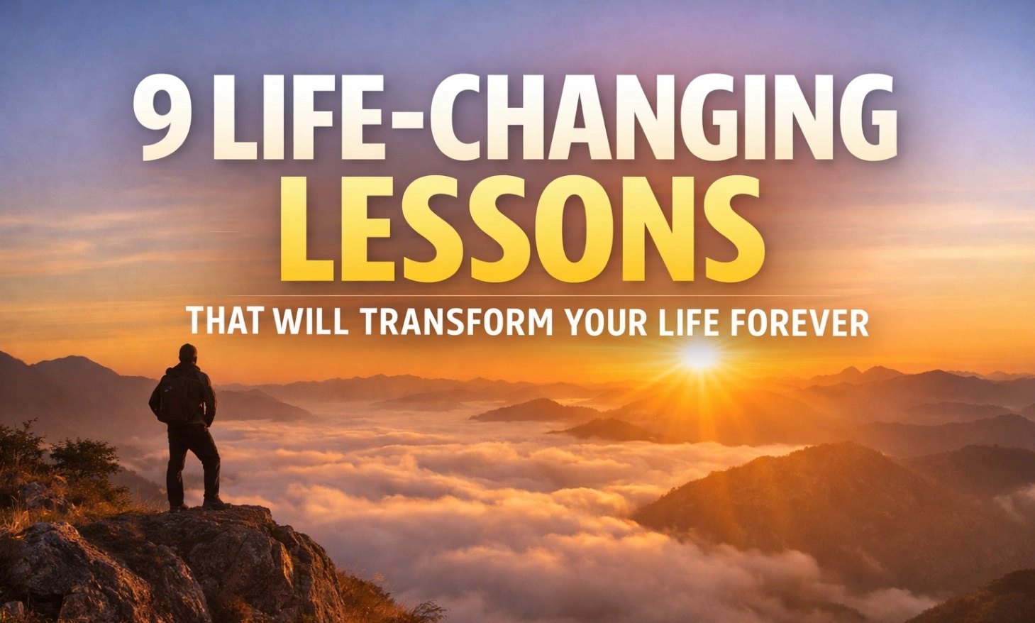 A person standing on a mountain peak at sunrise overlooking clouds, with bold large text reading “9 Life-Changing Lessons That Will Transform Your Life Forever” against a warm golden sky.