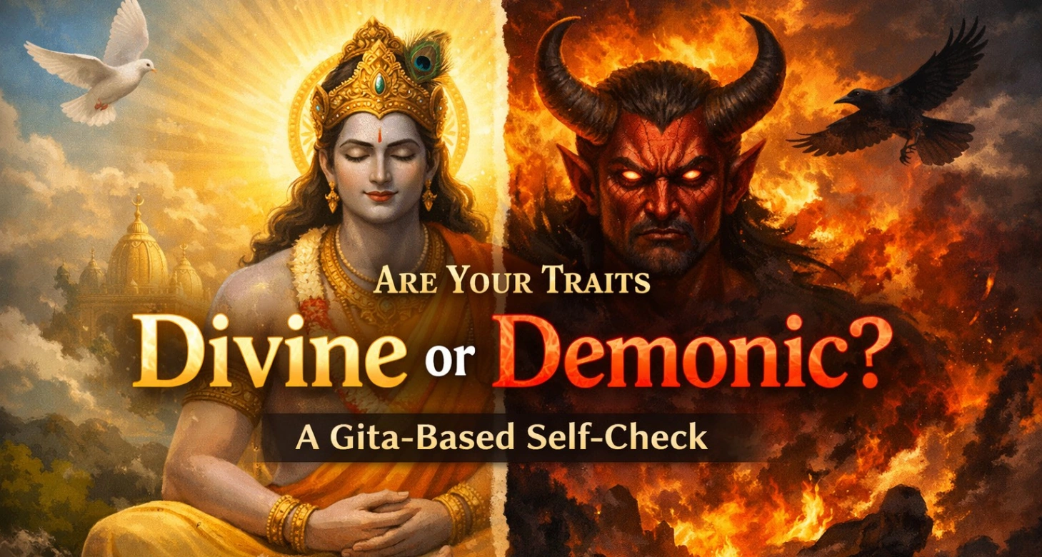 Realistic split-scene thumbnail showing divine vs demonic traits inspired by the Bhagavad Gita, with calm light on one side and fiery darkness on the other.