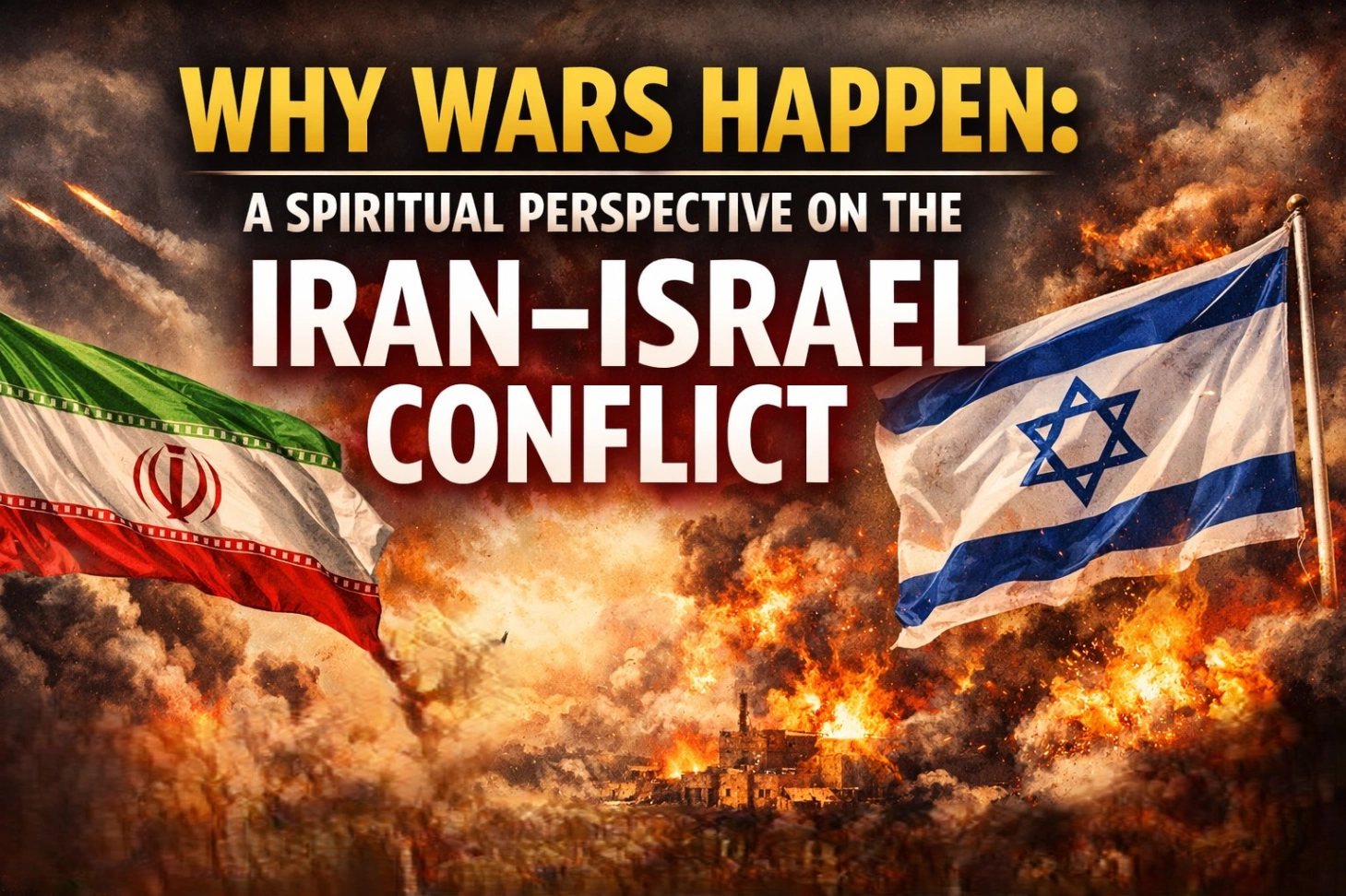 Bold, minimal thumbnail with the title “Why Wars Happen: Iran–Israel Conflict” in large, high-contrast text over a dark, subtle background, creating a clean and serious visual tone without clutter.