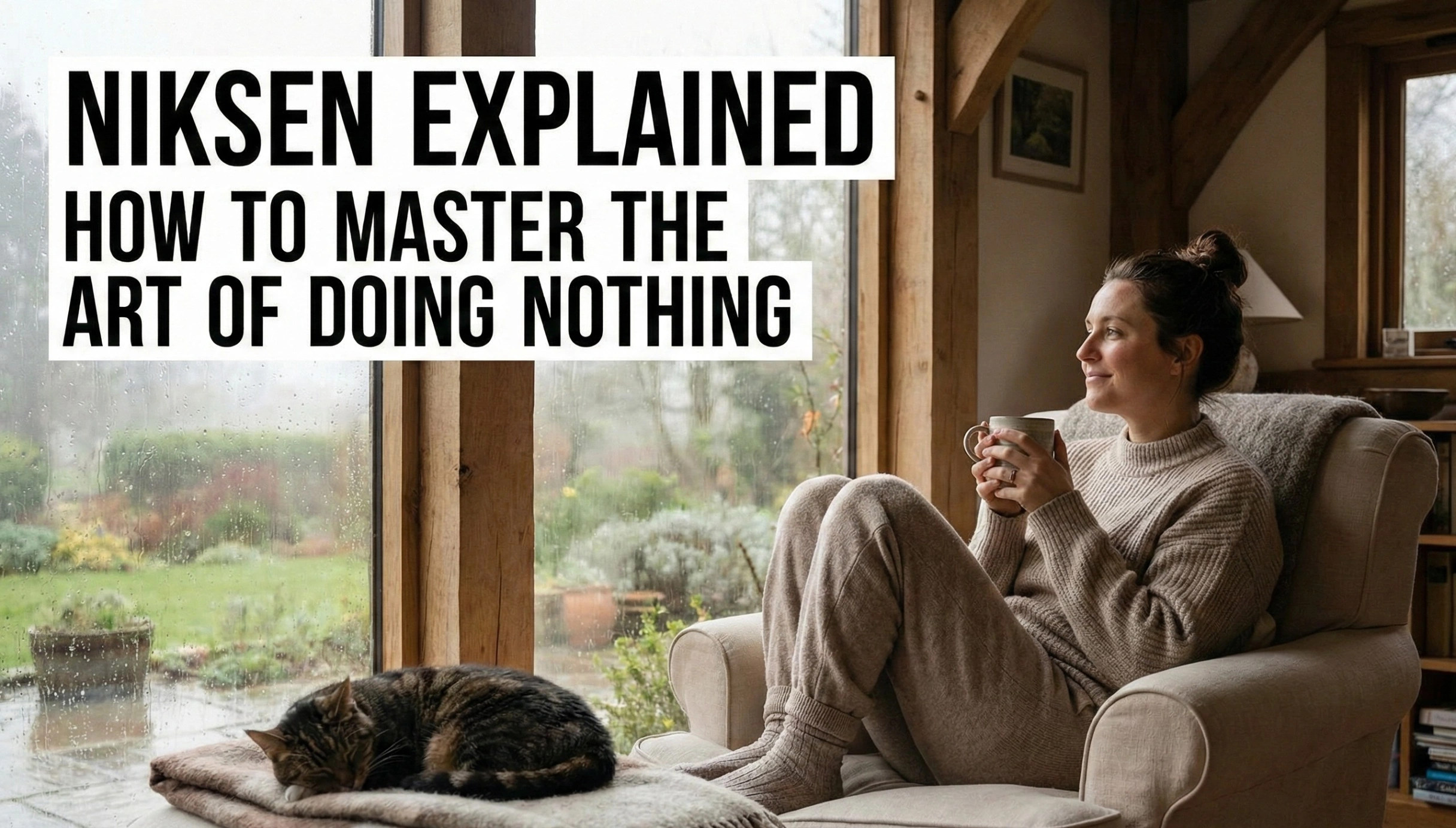 A relaxed woman practicing Niksen by sitting in a cozy armchair looking out a rainy window with a sleeping cat, featuring the blog title text