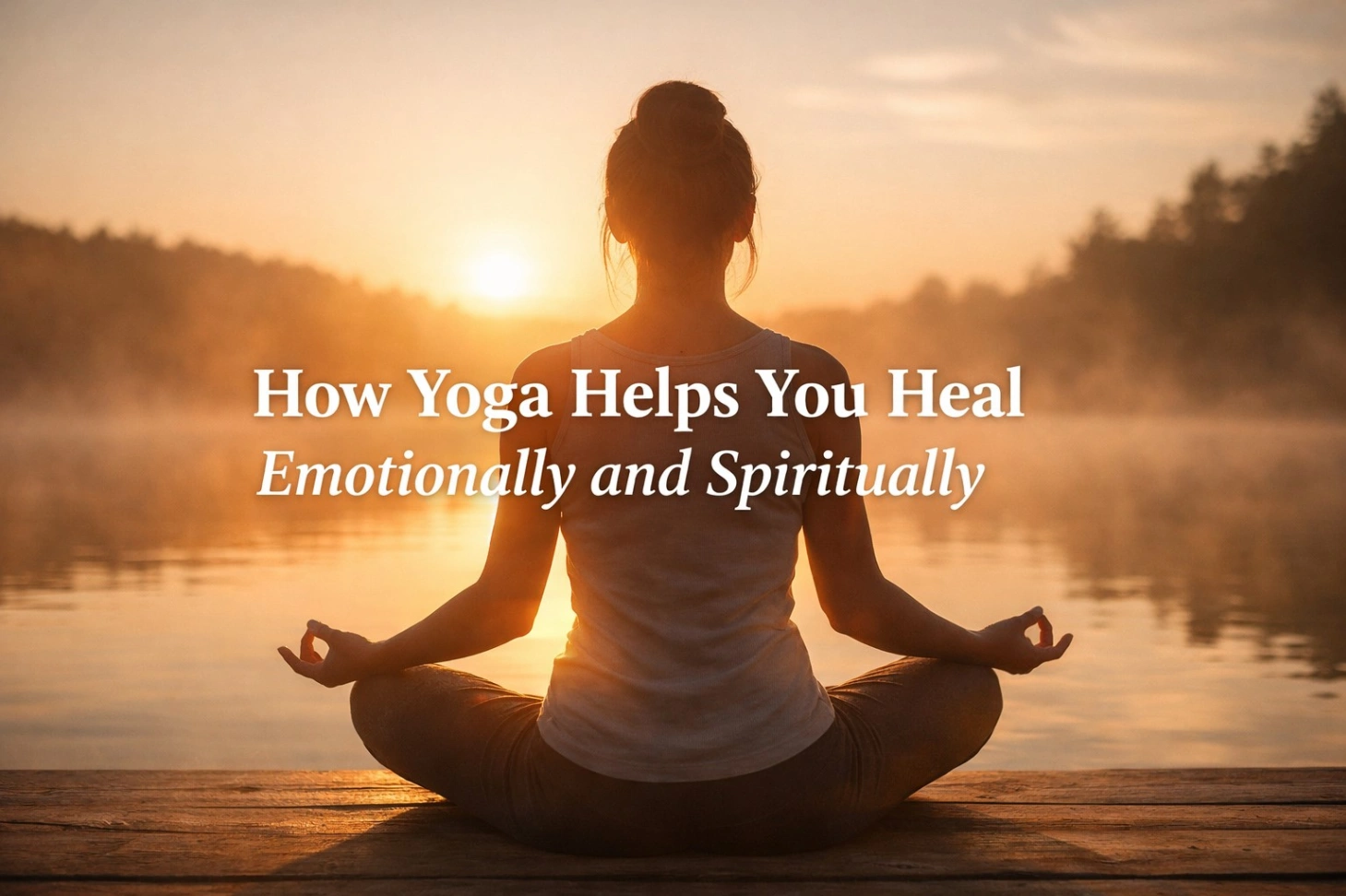 A woman sitting in a lotus pose by a calm lake at sunrise, meditating peacefully with warm golden light around her, with the bold title “How Yoga Helps You Heal Emotionally and Spiritually” overlaid in the center.