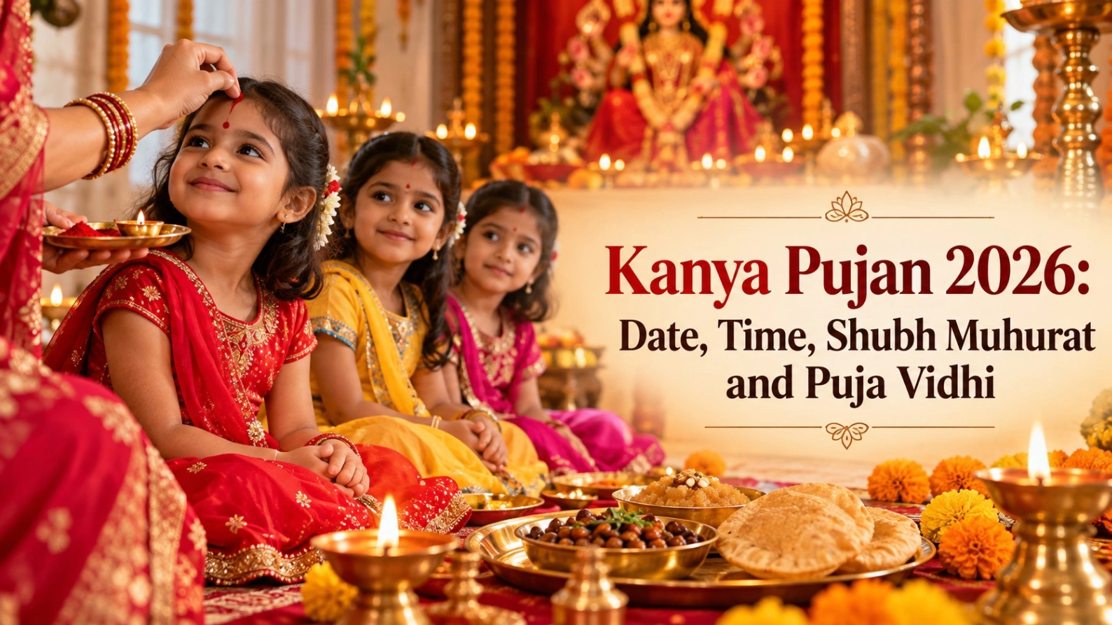  Kanya Pujan 2026 celebration with young girls in traditional attire receiving tilak during Navratri, with diya, marigold flowers, halwa, puri and kala chana, featuring the title “Kanya Pujan 2026: Date, Time, Shubh Muhurat and Puja Vidhi.”