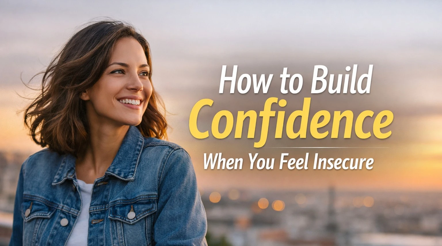 Realistic 16:9 thumbnail of a smiling young woman standing outdoors at sunset with a city background, looking confident and relaxed. Bold text on the right reads “How to Build Confidence When You Feel Insecure” in white and yellow, conveying a positive self-improvement theme.