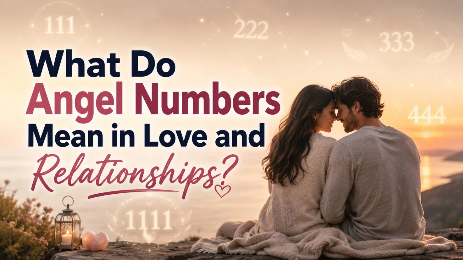 Blog thumbnail showing a romantic couple sitting together by the water at sunset, surrounded by glowing angel numbers like 111, 222, 333, 444, and 1111. Large bold text reads, “What Do Angel Numbers Mean in Love and Relationships?” in dark blue and pink, with a soft, warm, dreamy background.