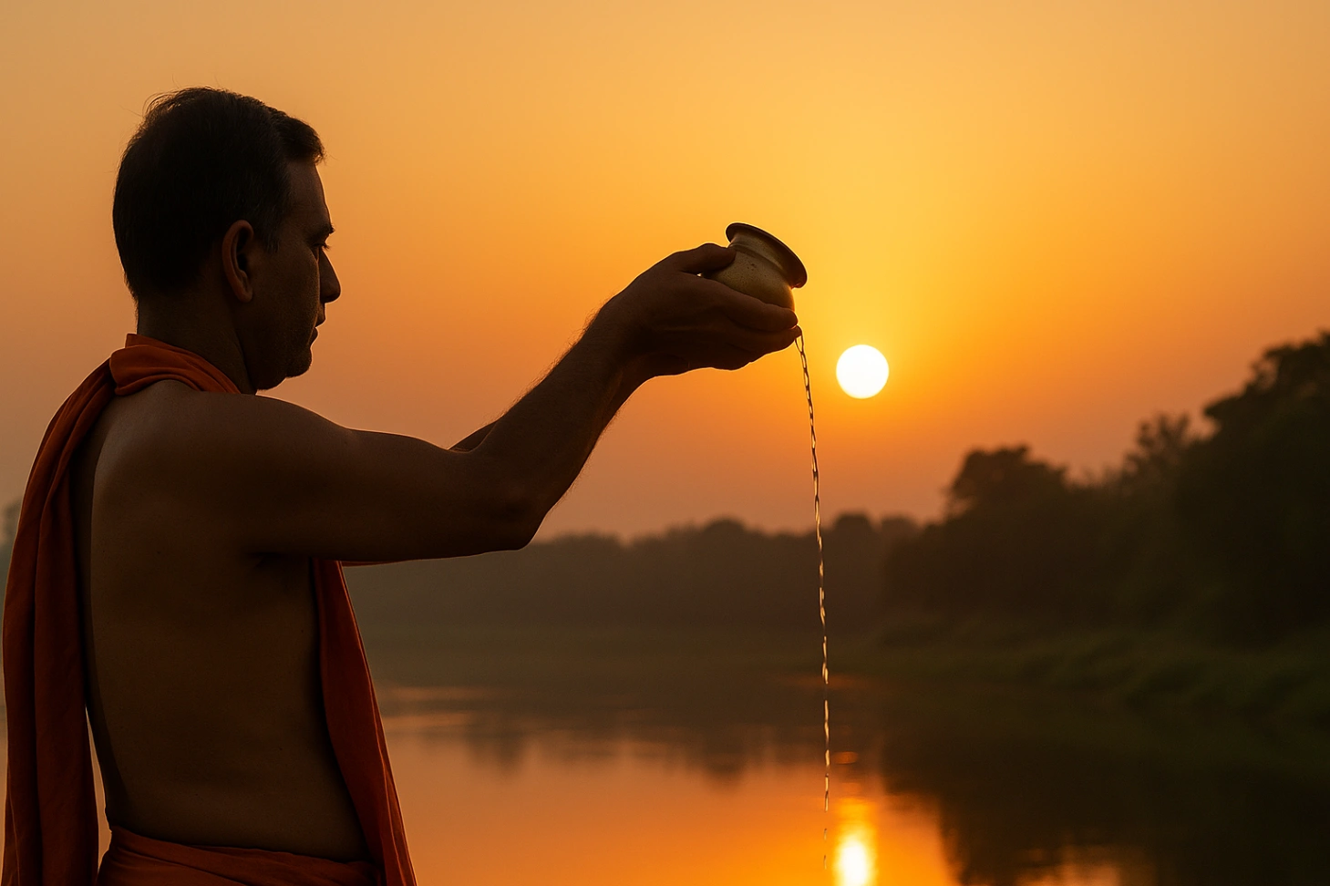 A man performing the Surya Arghya ritual at sunrise, offering water from a copper vessel toward the rising sun over a calm river, with warm golden light filling the sky.