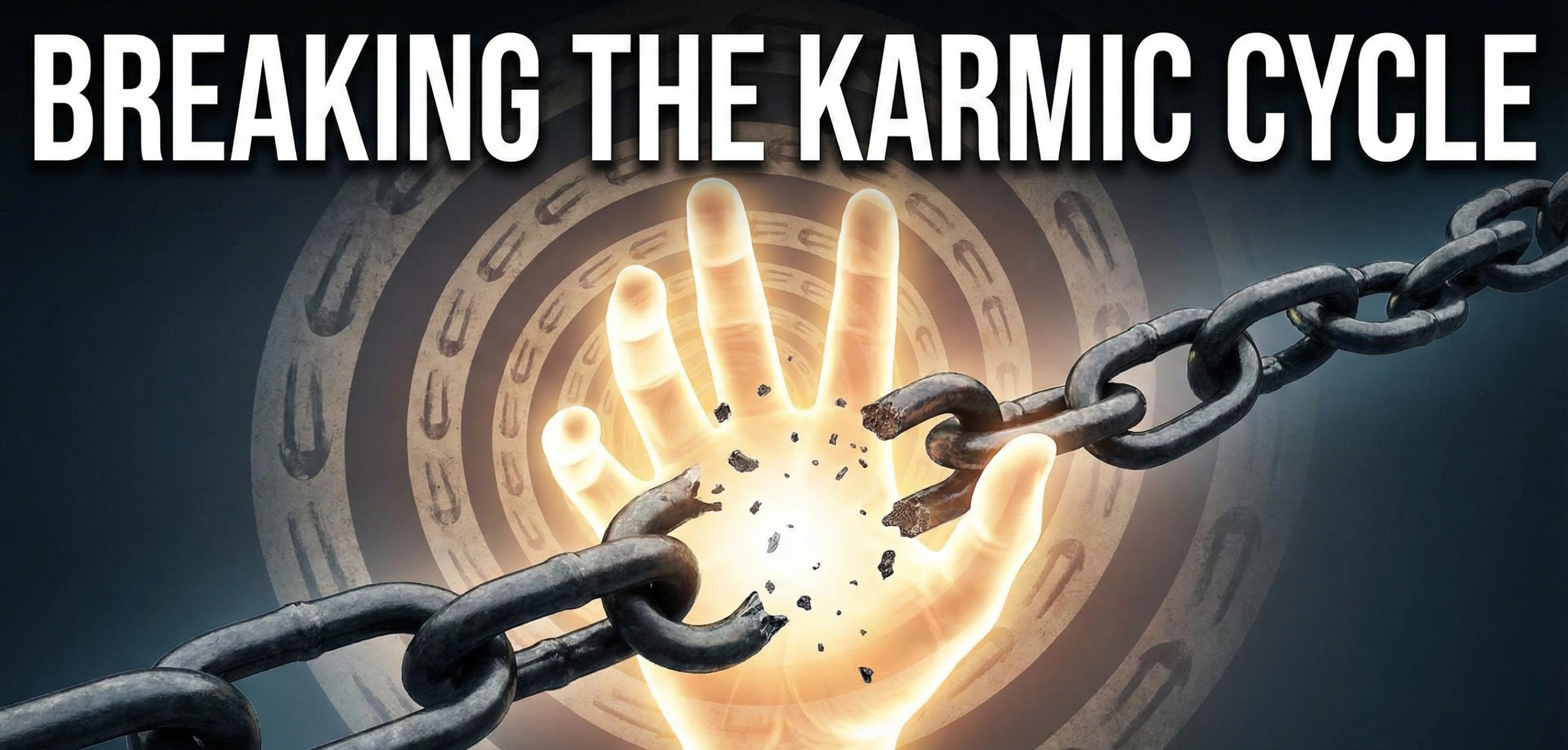 A glowing human hand shattering heavy metal chains, symbolizing the power of conscious living to break the repetitive cycle of karma and reaction.