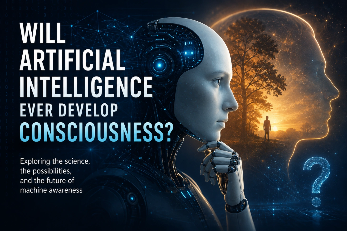 Futuristic humanoid robot beside a glowing human silhouette, exploring whether artificial intelligence can develop consciousness.