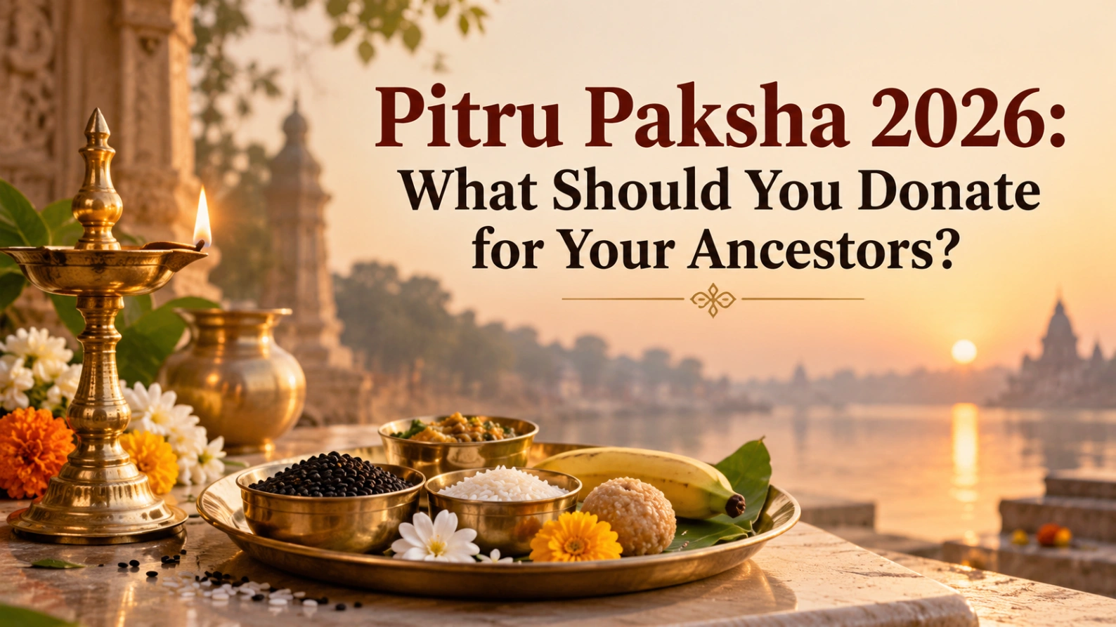 Alt text: Pitru Paksha 2026 donation offerings with brass diya, black sesame seeds, rice, flowers, banana and food arranged on a puja thali by a sacred riverside at sunrise.
