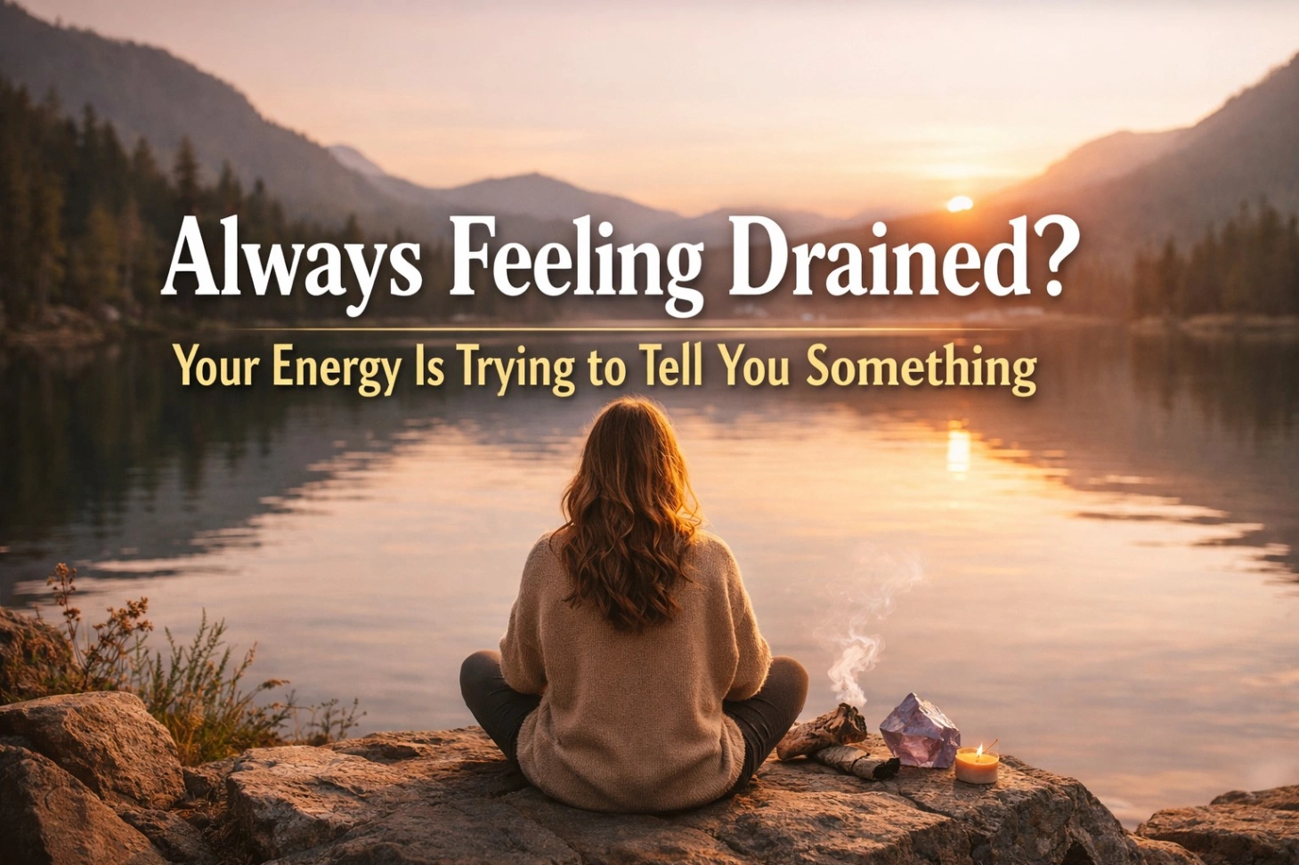 A calm, spiritual scene of a woman sitting by a peaceful lake at sunset, facing the water with mountains in the background. Warm golden light reflects on the water, creating a soothing atmosphere. Bold text reads “Always Feeling Drained?” with a subtitle “Your Energy Is Trying to Tell You Something,” conveying a sense of inner reflection and emotional awareness.