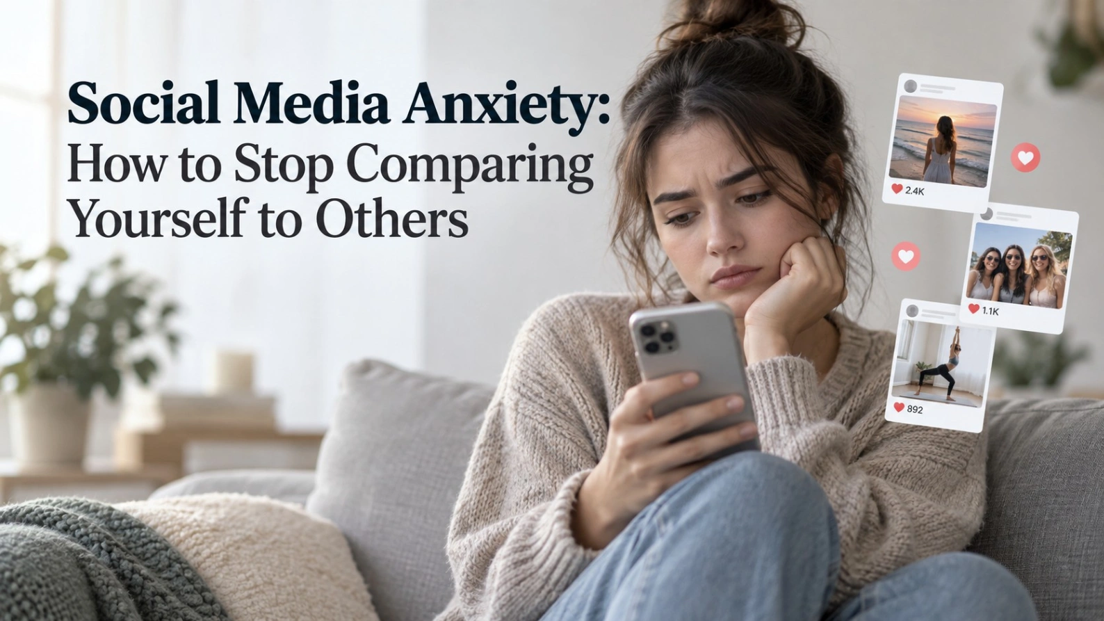 Young woman experiencing social media anxiety while comparing herself to others online and looking at social media posts on her phone.