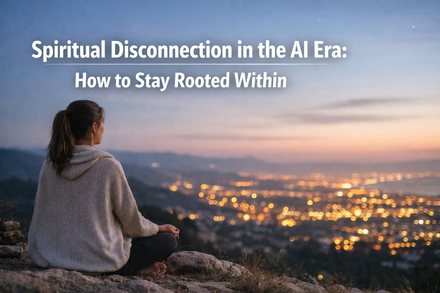 A serene sunset scene of a woman sitting on a hill overlooking a glowing city, symbolizing reflection and inner stillness, with bold text reading “Spiritual Disconnection in the AI Era: How to Stay Rooted Within.”