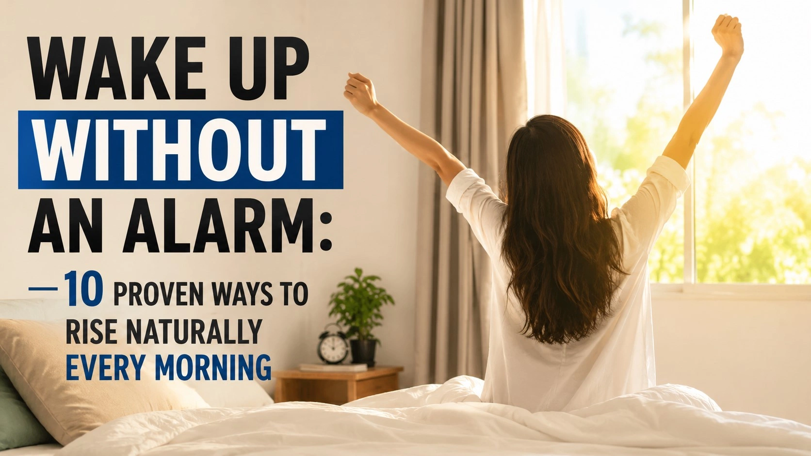 A realistic and minimal morning scene showing a woman stretching on her bed beside a sunlit window, with bold text reading “Wake Up Without an Alarm: 10 Proven Ways to Rise Naturally Every Morning” in a clean 16:9 blog thumbnail design.