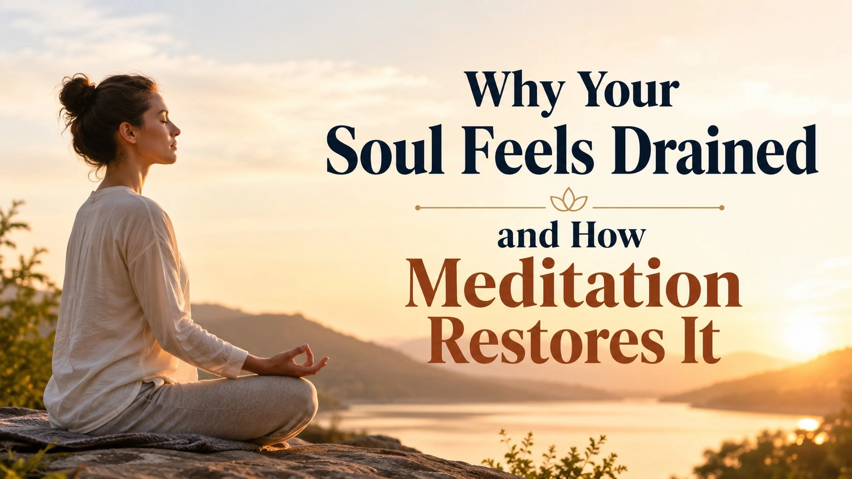 A serene woman meditating by a peaceful lakeside at sunrise with bold text reading “Why Your Soul Feels Drained and How Meditation Restores It.”