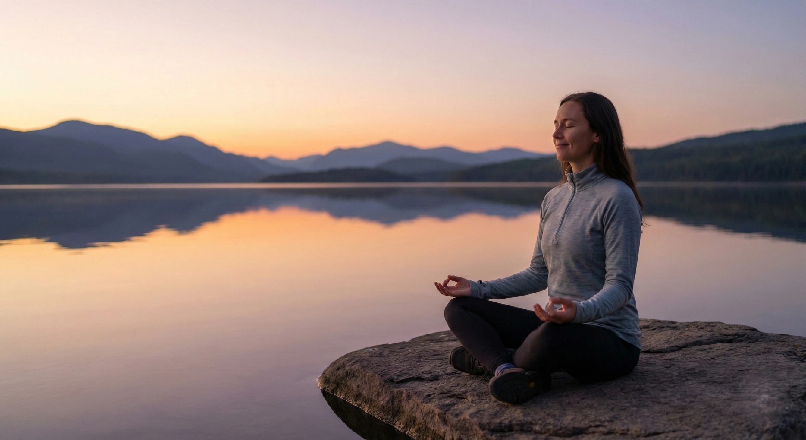 Woman meditating on a rock by a calm lake at sunrise, symbolizing the stable state of the Golden Mean of Blissfulness.
