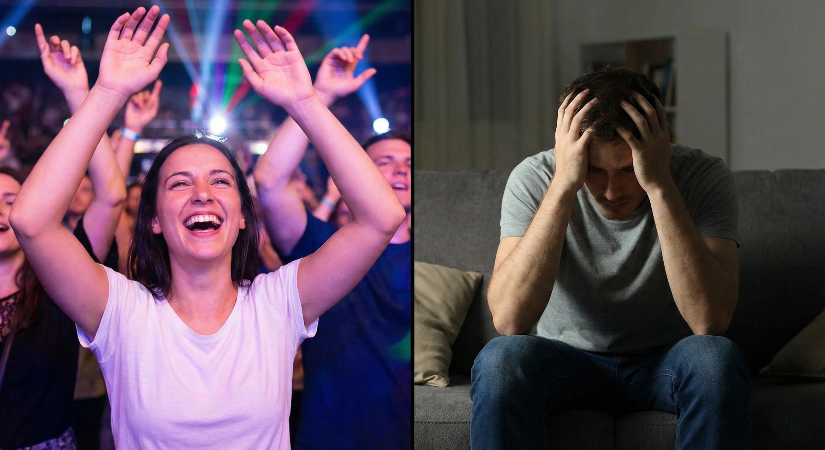 Split image showing a woman at a party with hands raised in joy on the left, and a man sitting dejected on a couch on the right, illustrating the emotional rollercoaster of highs and lows.