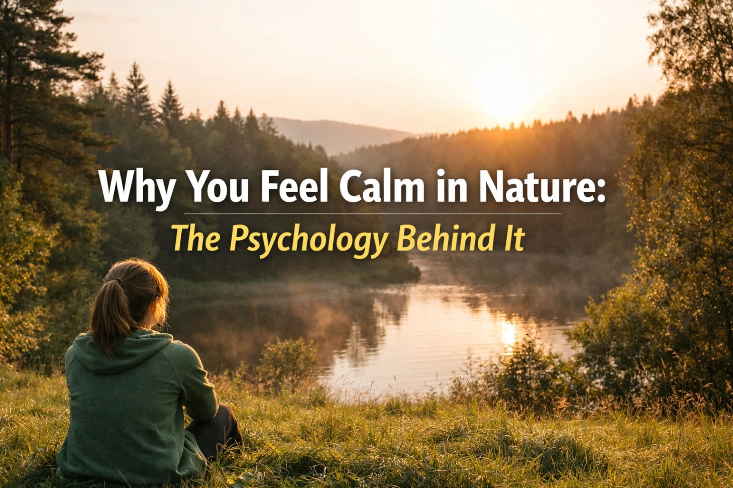 A serene sunrise landscape with soft golden light over a calm lake surrounded by lush green trees, where a person sits peacefully in the foreground. Bold overlay text reads “Why You Feel Calm in Nature: The Psychology Behind It,” capturing a sense of tranquility and mental peace.